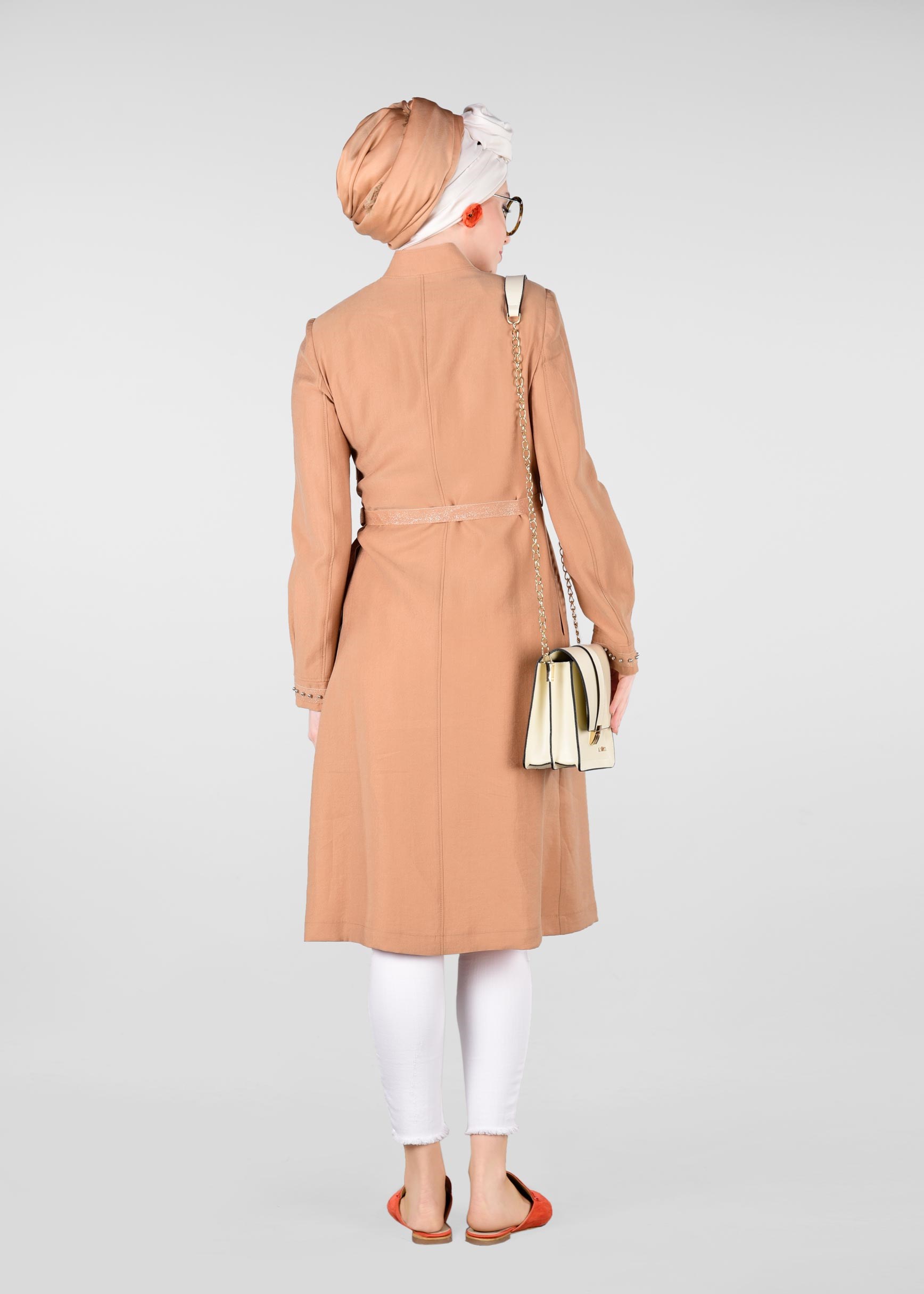 Hijab clothing ORANGE BELTED PEARLED TRENCH-COAT 1232 