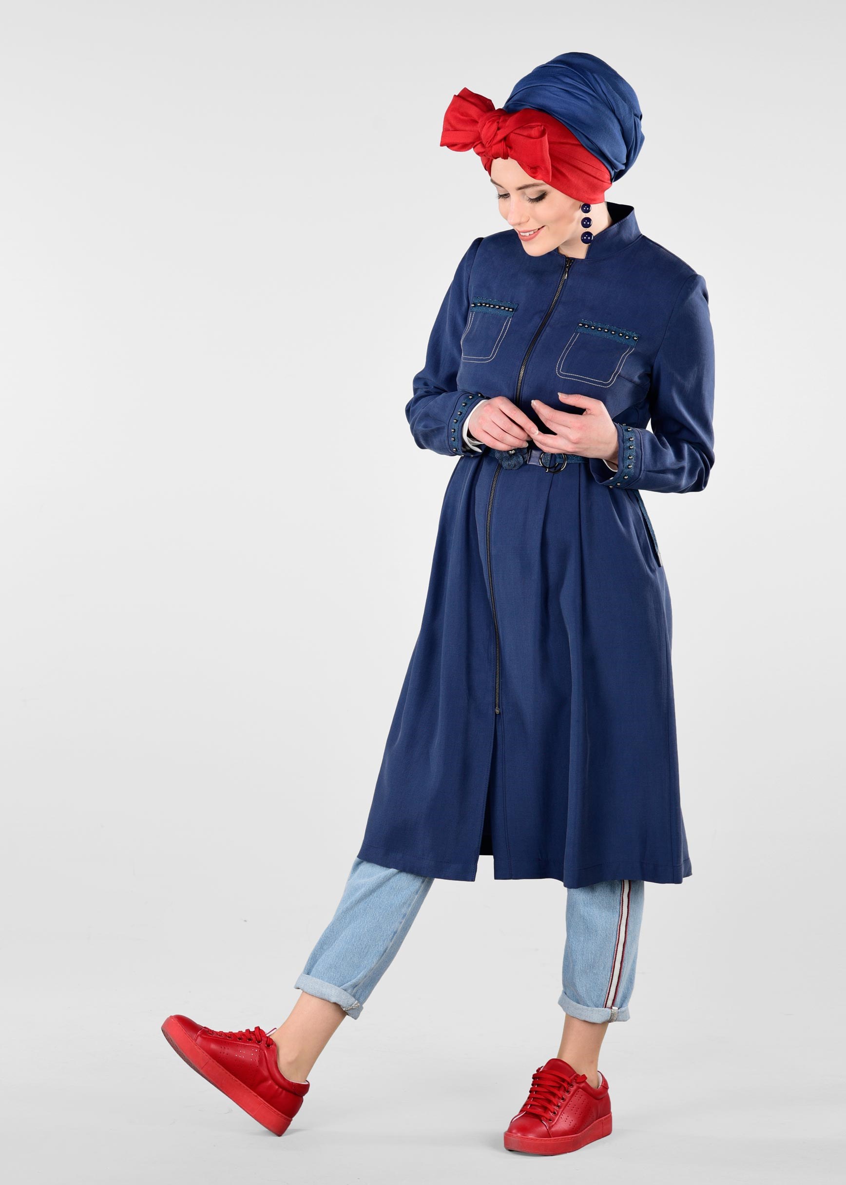 Hijab clothing NAVY BLUE BELTED PEARLED TRENCH-COAT 1232 
