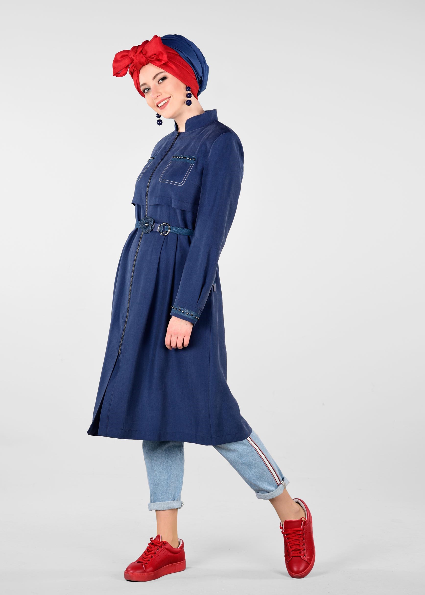 Hijab clothing NAVY BLUE BELTED PEARLED TRENCH-COAT 1232 
