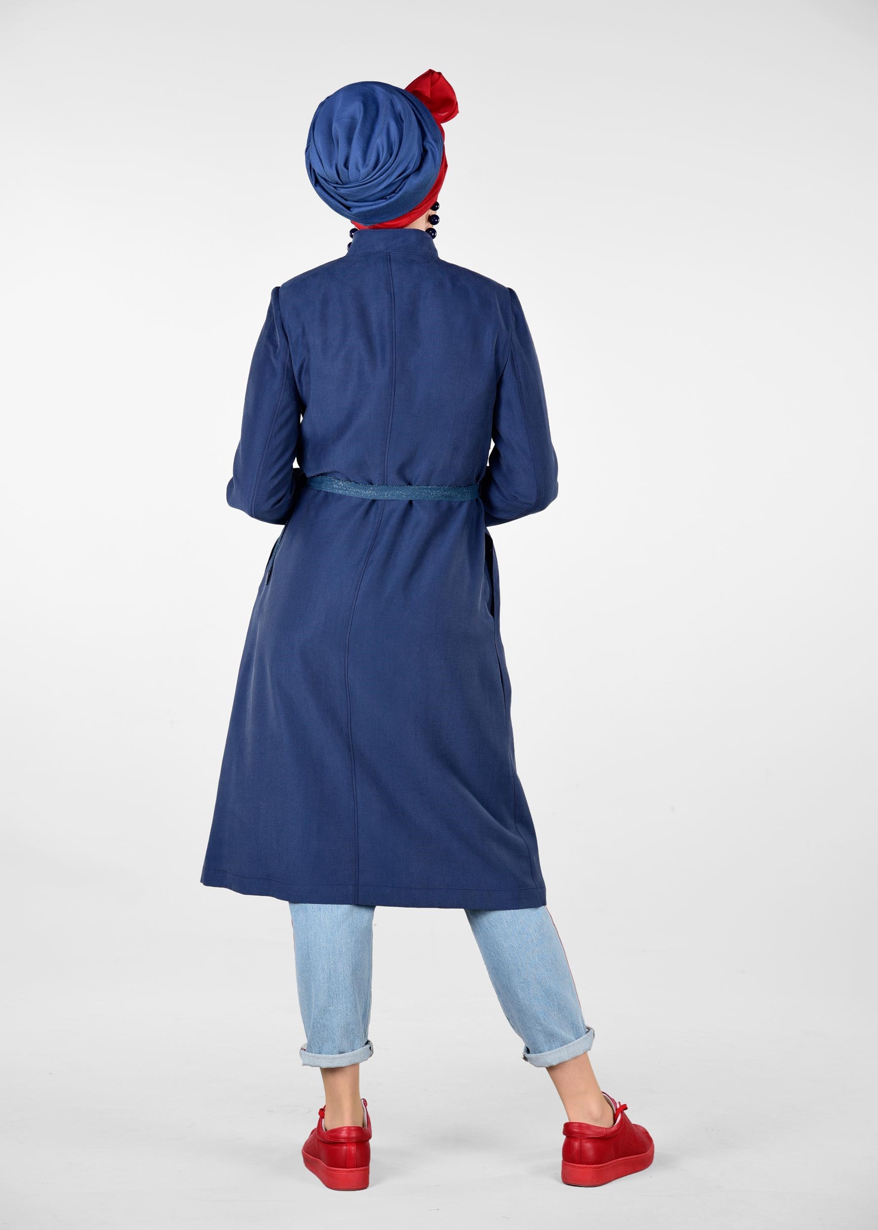 Hijab clothing NAVY BLUE BELTED PEARLED TRENCH-COAT 1232 