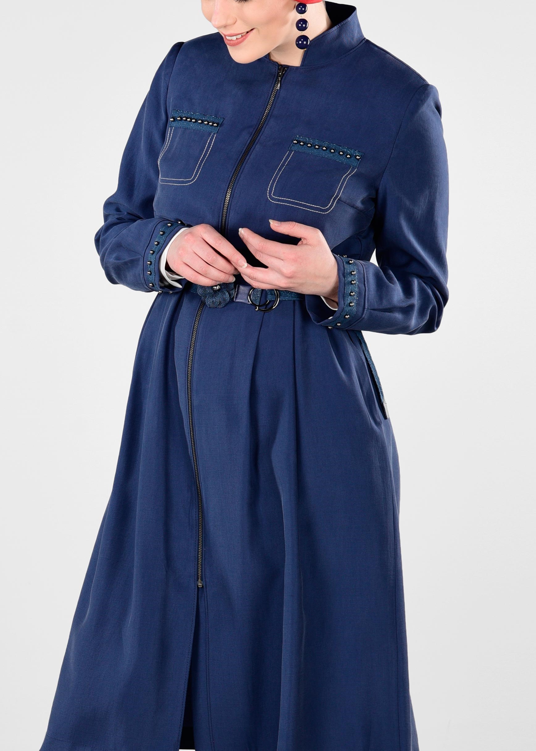 Hijab clothing NAVY BLUE BELTED PEARLED TRENCH-COAT 1232 
