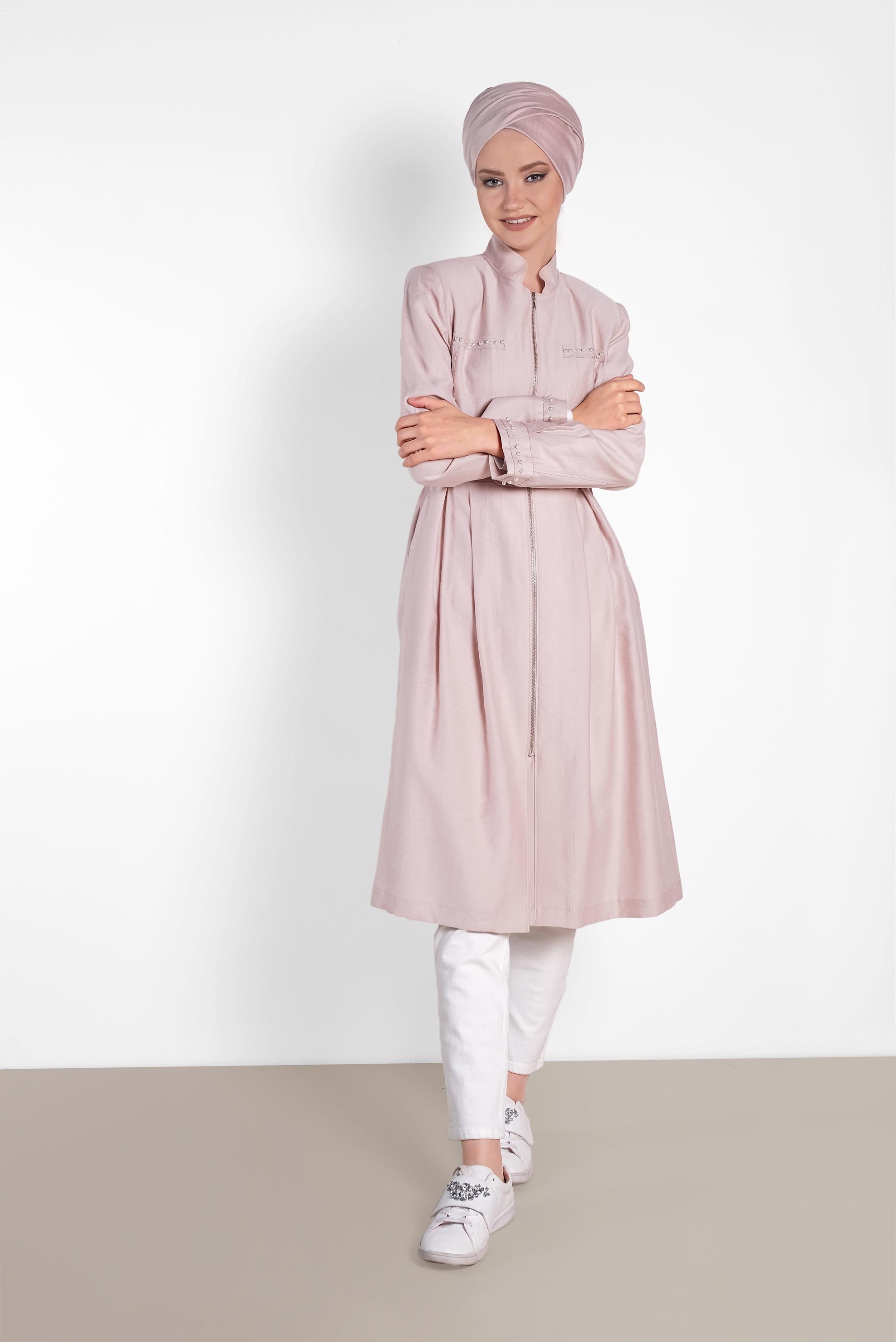 Hijab clothing POWDER BELTED PEARLED TRENCH-COAT 1232 