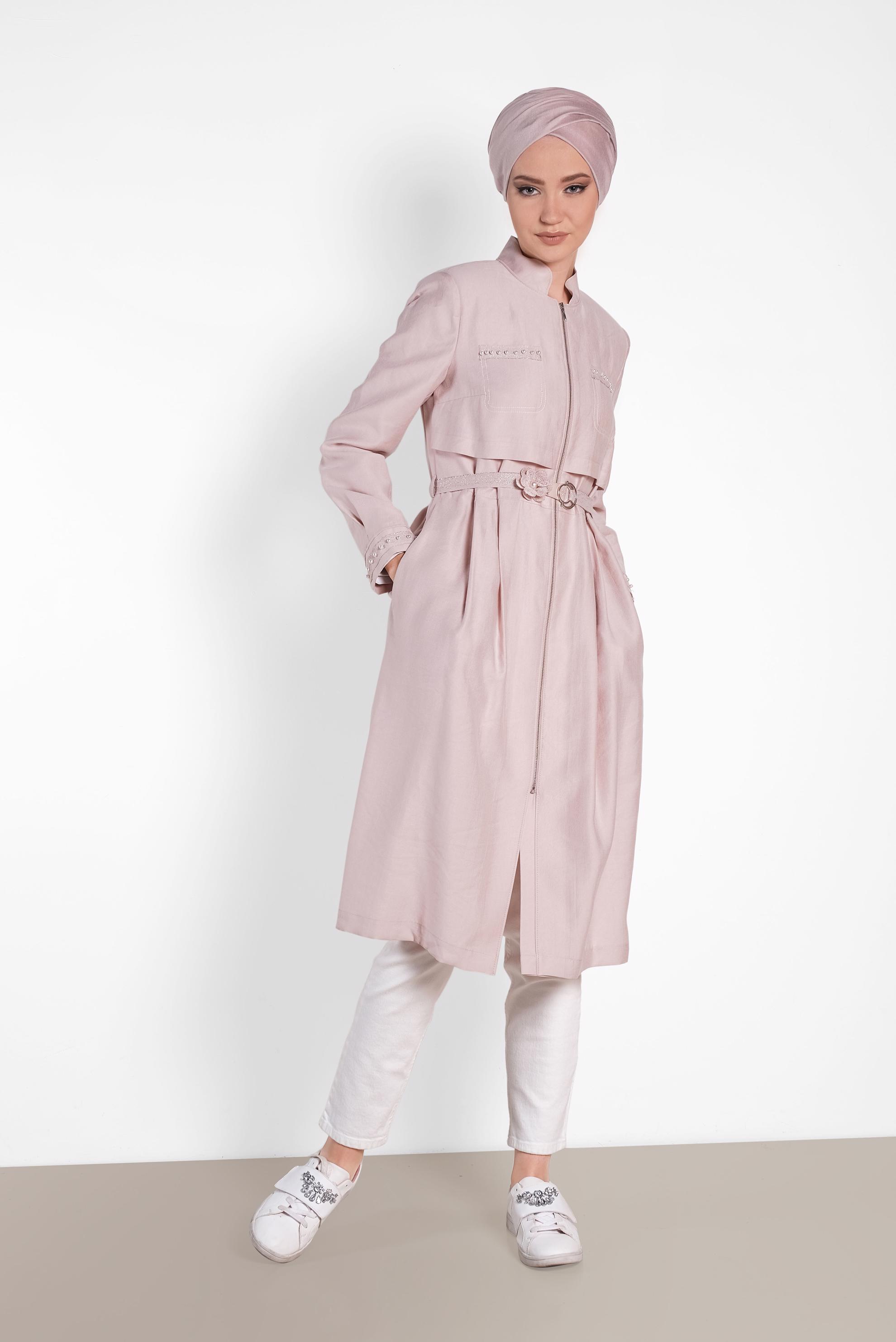 Hijab clothing POWDER BELTED PEARLED TRENCH-COAT 1232 