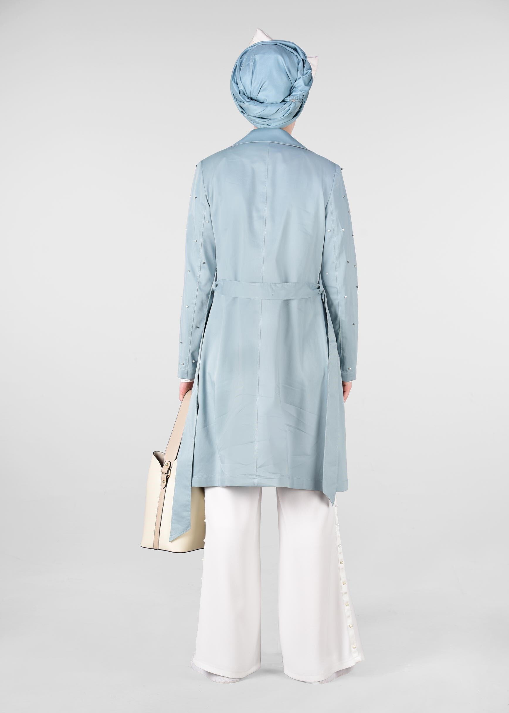 Tesettür giyim MAVİ İNCİ İŞLEMELİ TRENÇKOT 1240