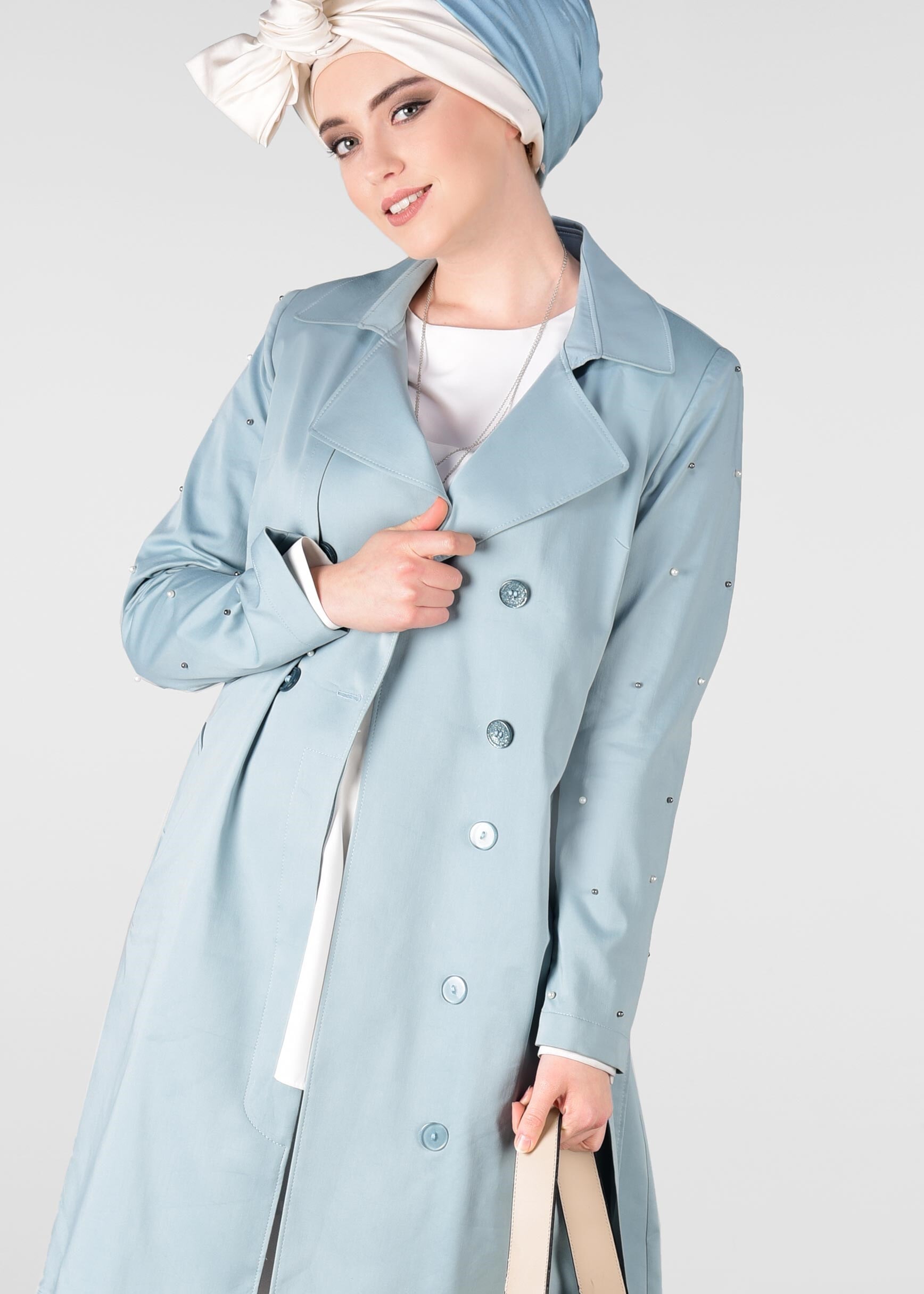 Tesettür giyim MAVİ İNCİ İŞLEMELİ TRENÇKOT 1240