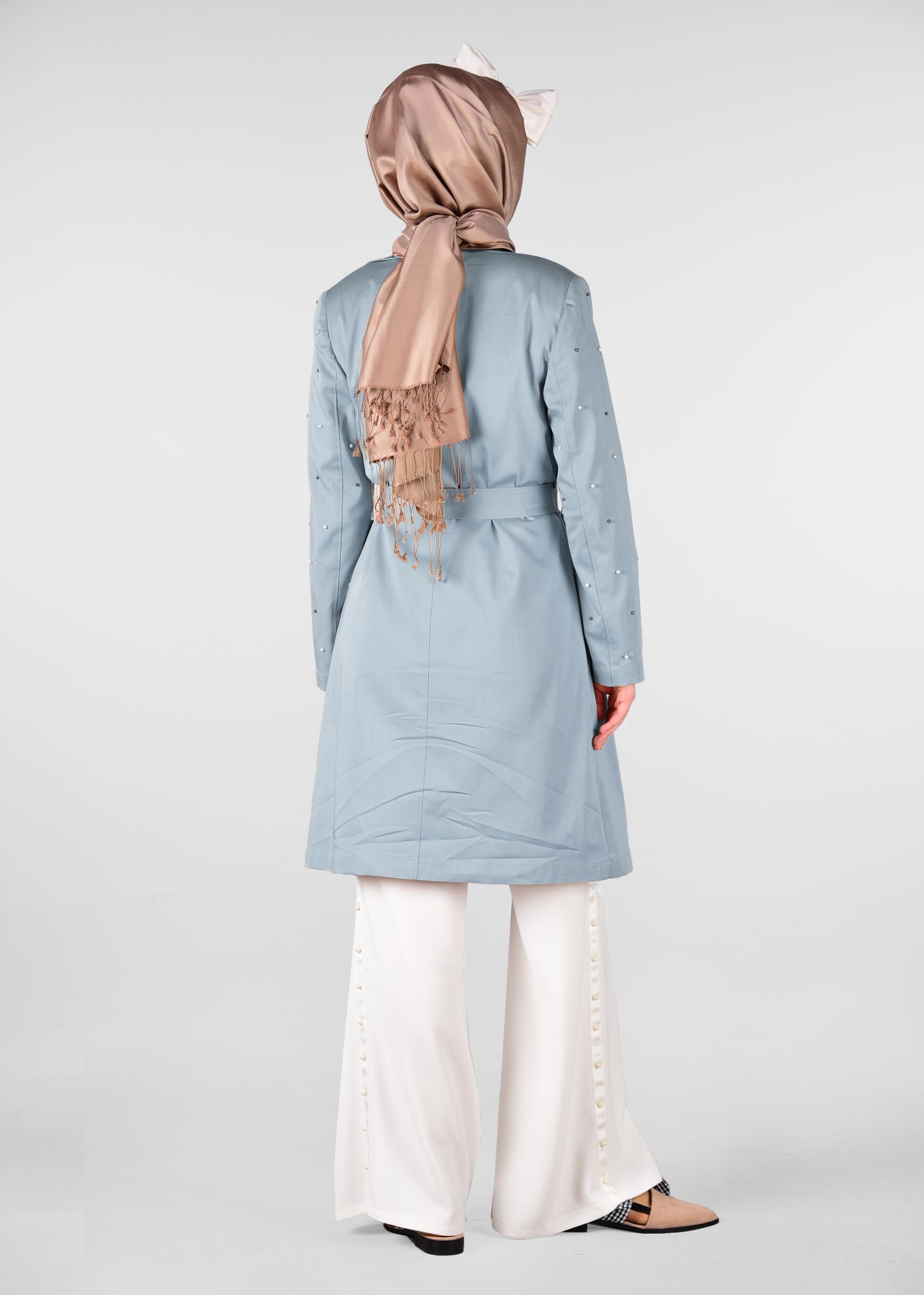 Tesettür giyim MAVİ İNCİ İŞLEMELİ TRENÇKOT 1240