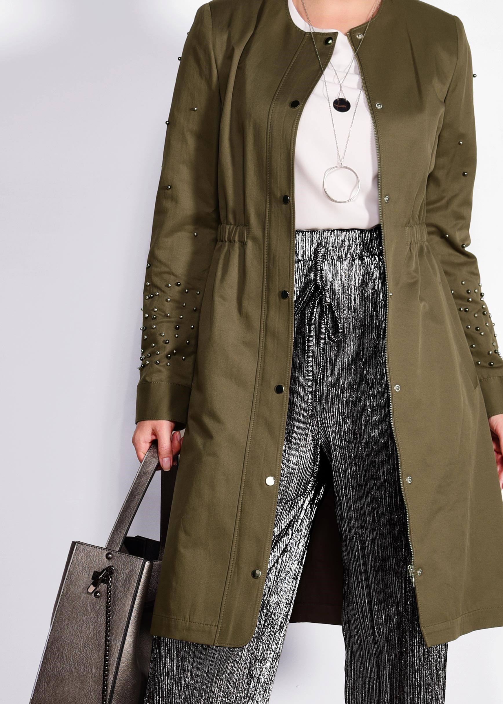 Tesettür giyim HAKİ İNCİLİ BELİ BÜZGÜLÜ TRENÇKOT 1265