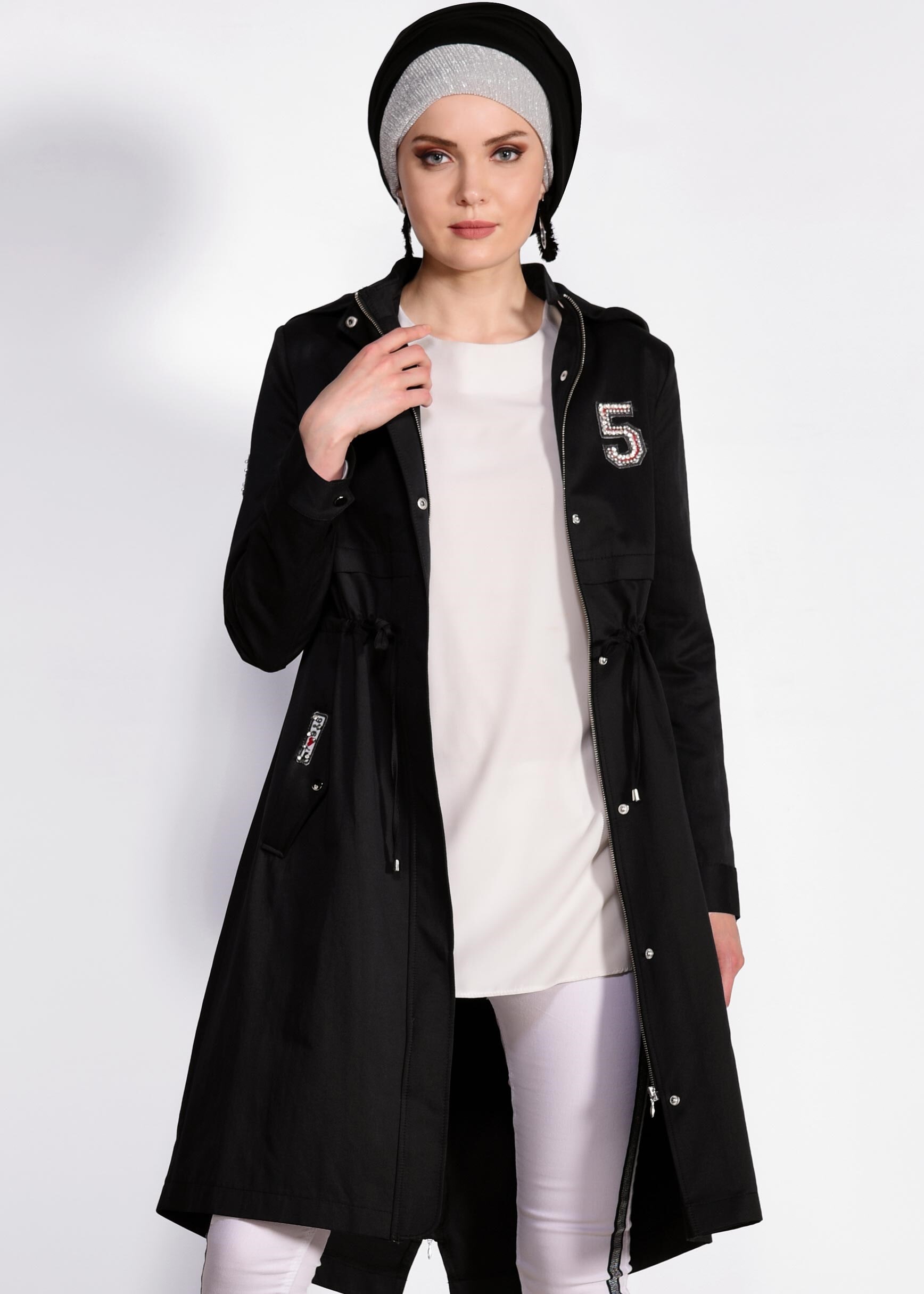 Tesettür giyim SİYAH BELİ BÜZGÜLÜ ARMALI TRENÇKOT 1272