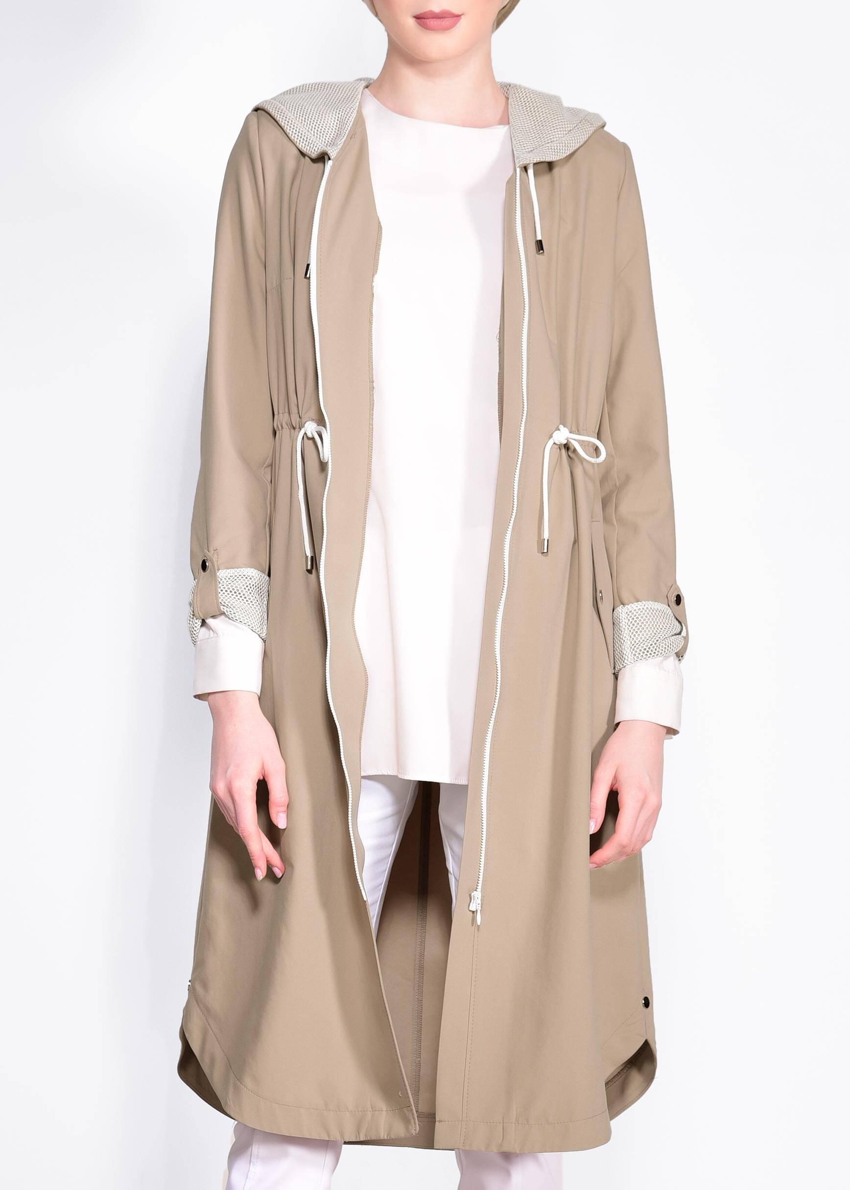 Tesettür giyim KAHVE BELİ BÜZGÜLÜ KAPÜŞONLU TRENÇKOT 1274