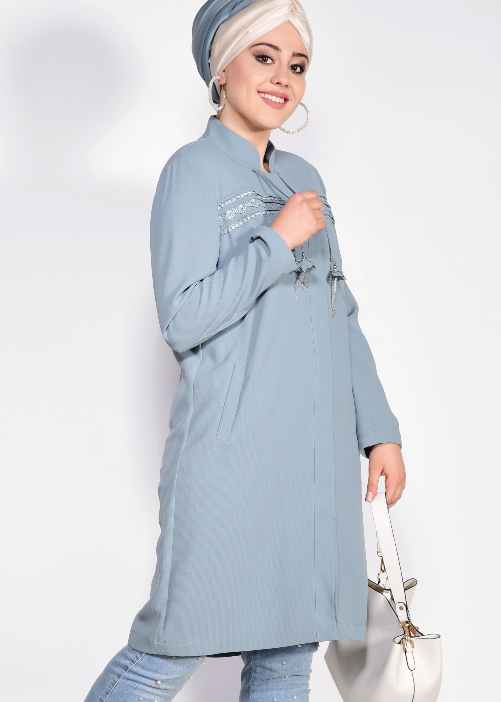 Hijab clothing BLUE FRONTAL-EMBROIDERED MANDARIN COLLAR TRENCH-COAT 1289