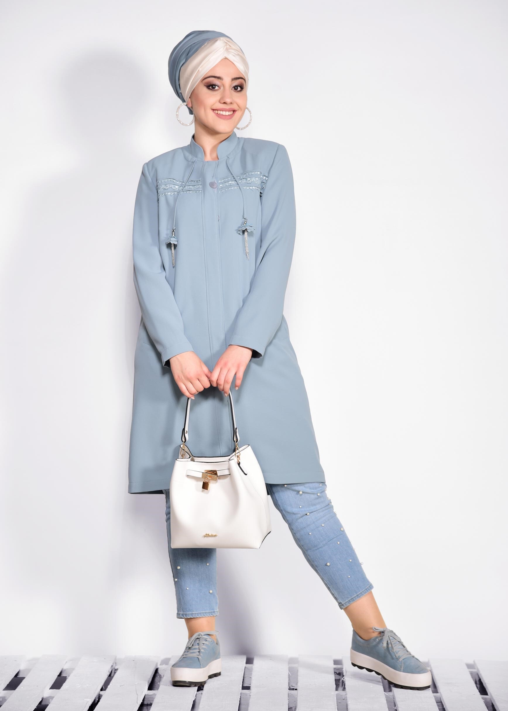 Hijab clothing BLUE FRONTAL-EMBROIDERED MANDARIN COLLAR TRENCH-COAT 1289