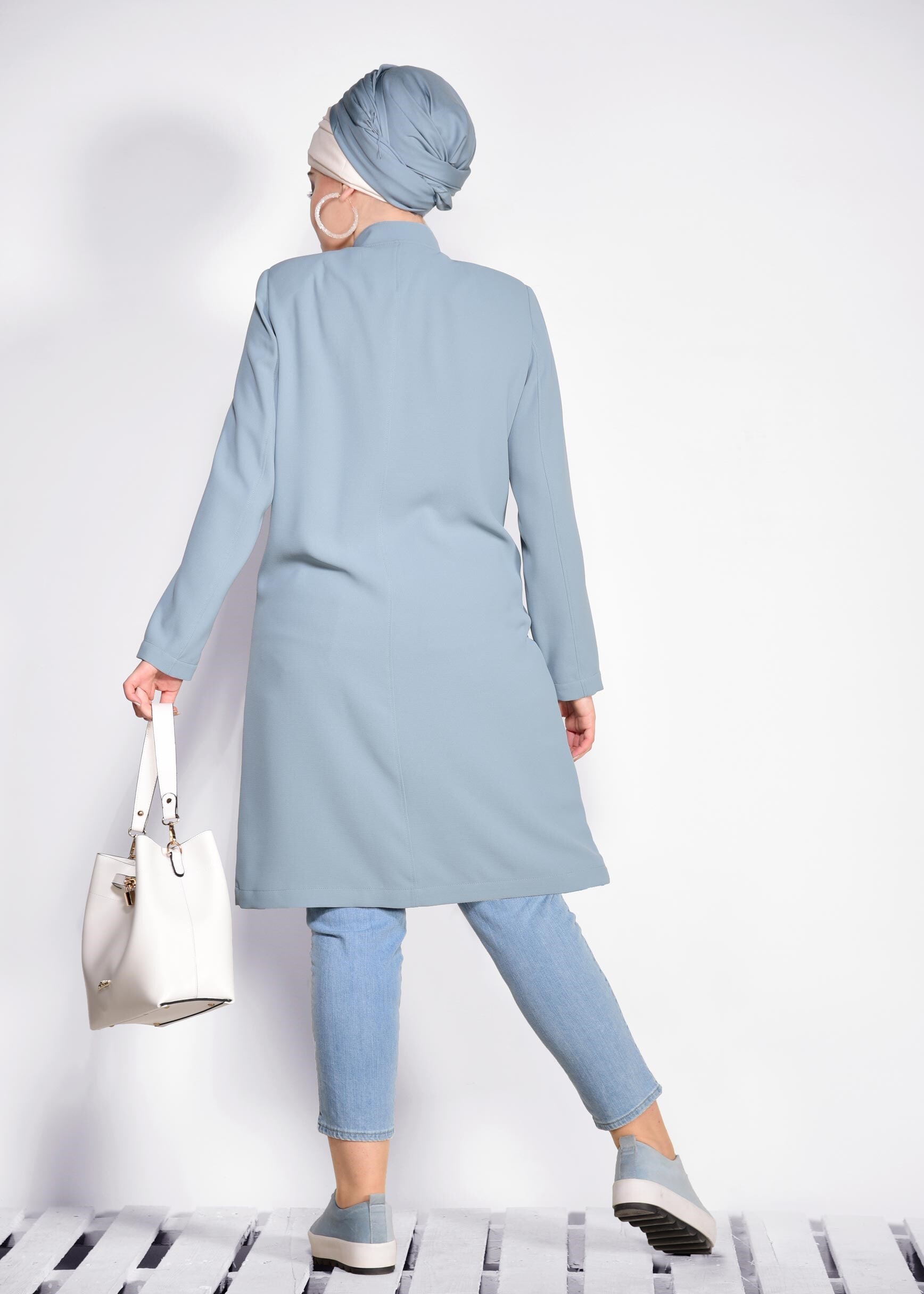 Hijab clothing BLUE FRONTAL-EMBROIDERED MANDARIN COLLAR TRENCH-COAT 1289