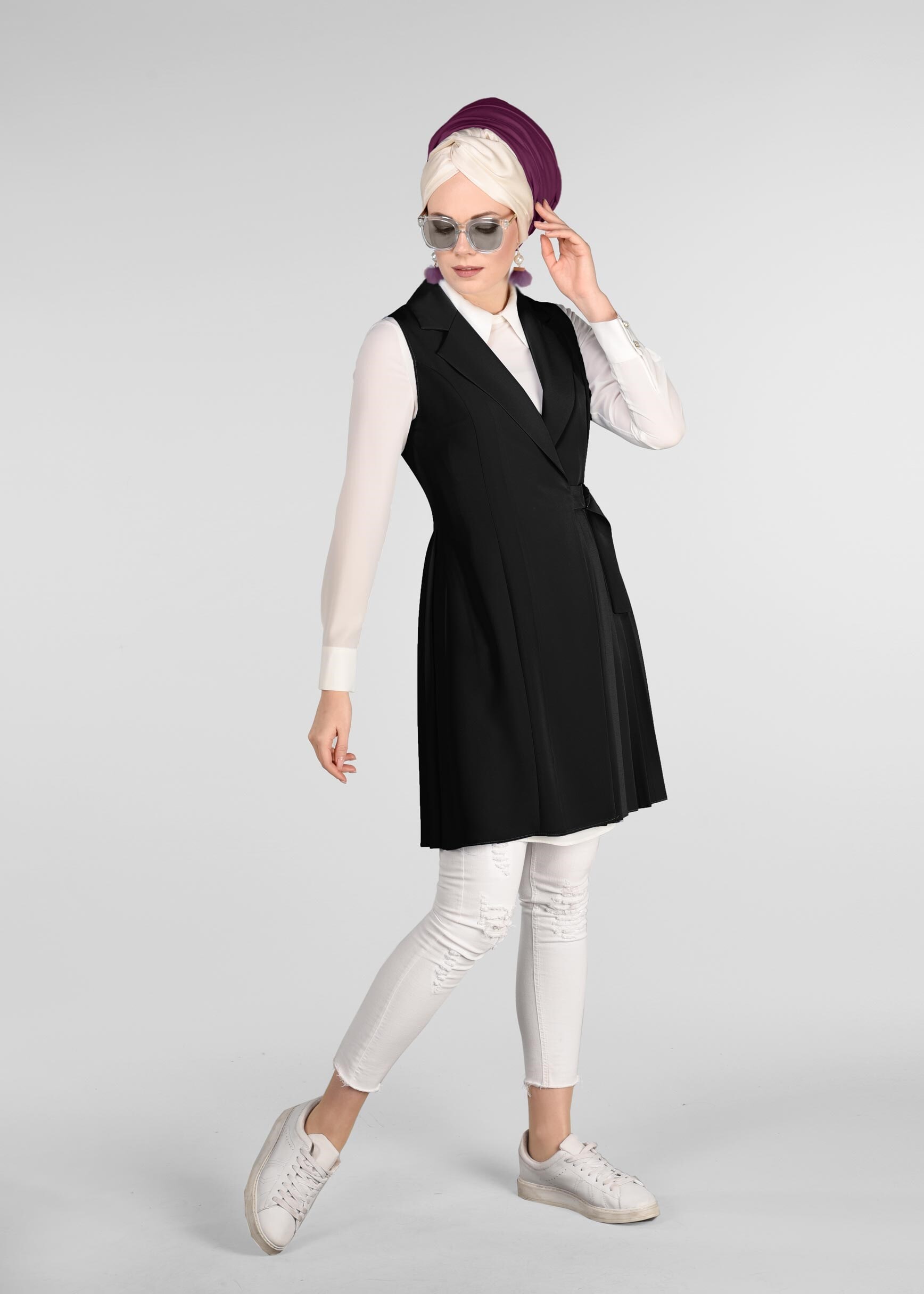 Tesettür giyim SİYAH BELDEN BAĞLAMALI PİLELİ YELEK 4024