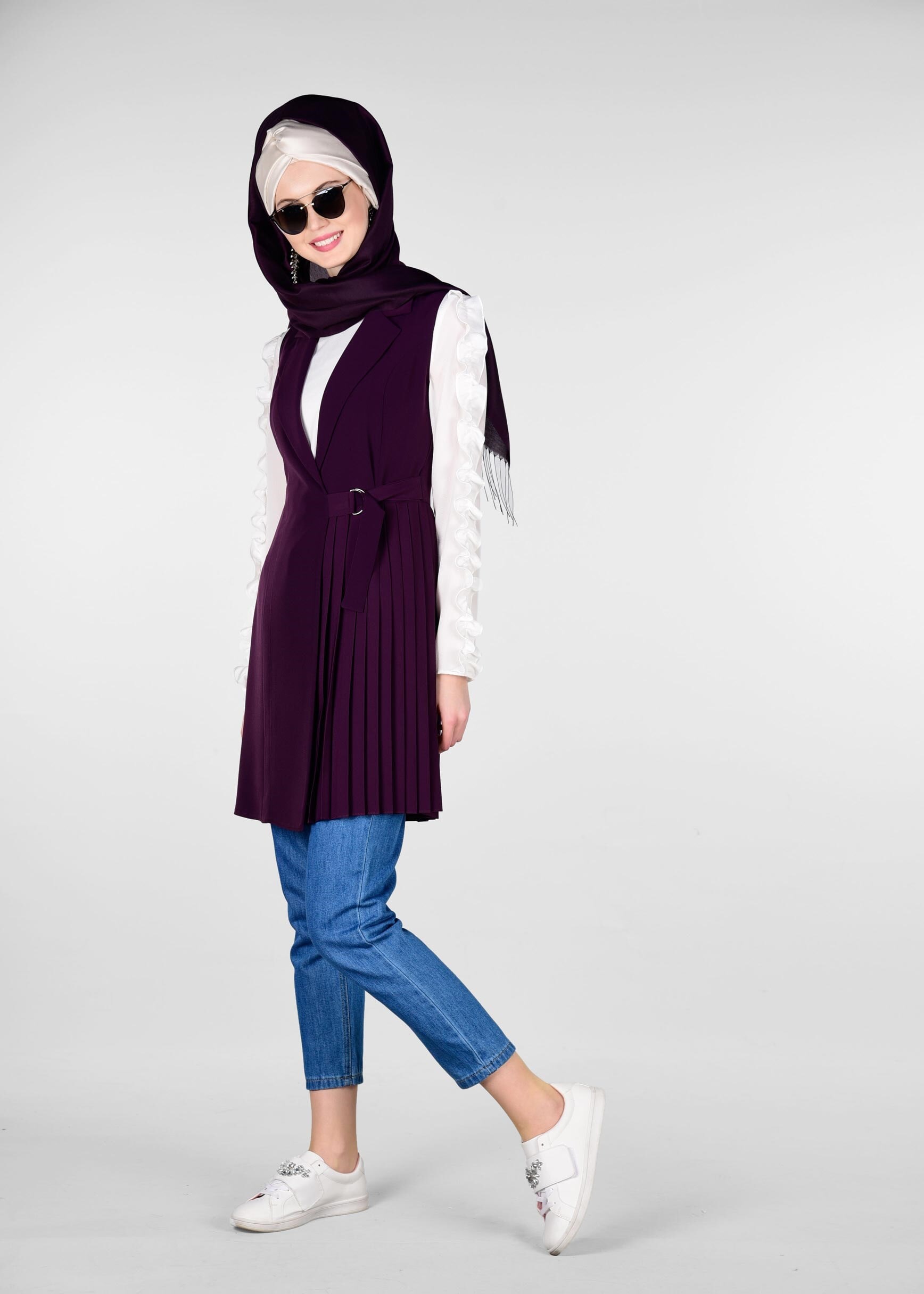 Tesettür giyim MOR BELDEN BAĞLAMALI PİLELİ YELEK 4024