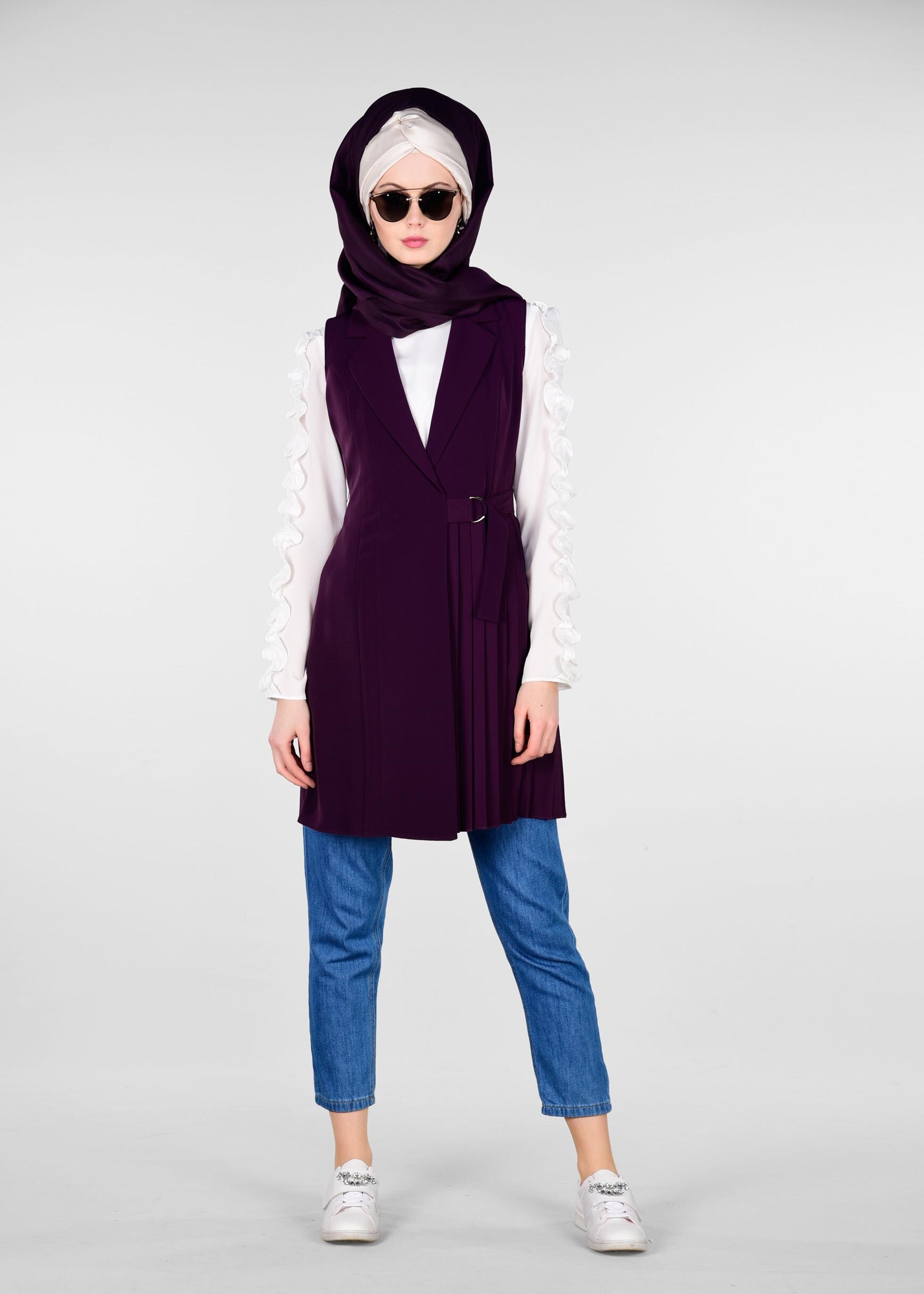 Tesettür giyim MOR BELDEN BAĞLAMALI PİLELİ YELEK 4024