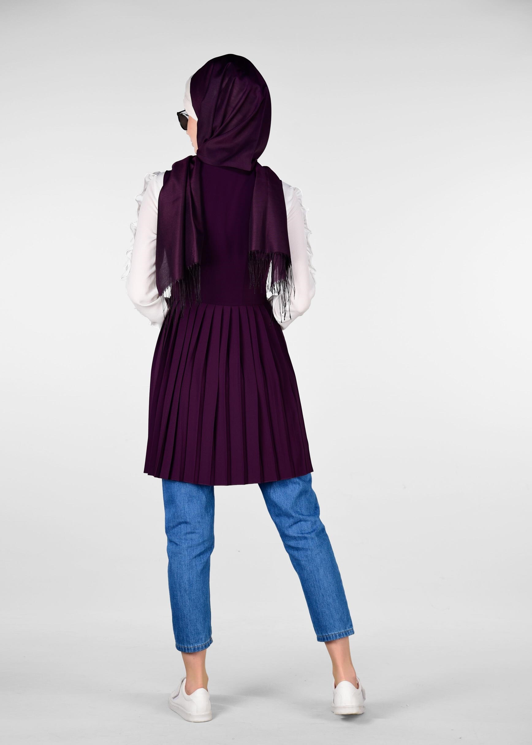 Tesettür giyim MOR BELDEN BAĞLAMALI PİLELİ YELEK 4024