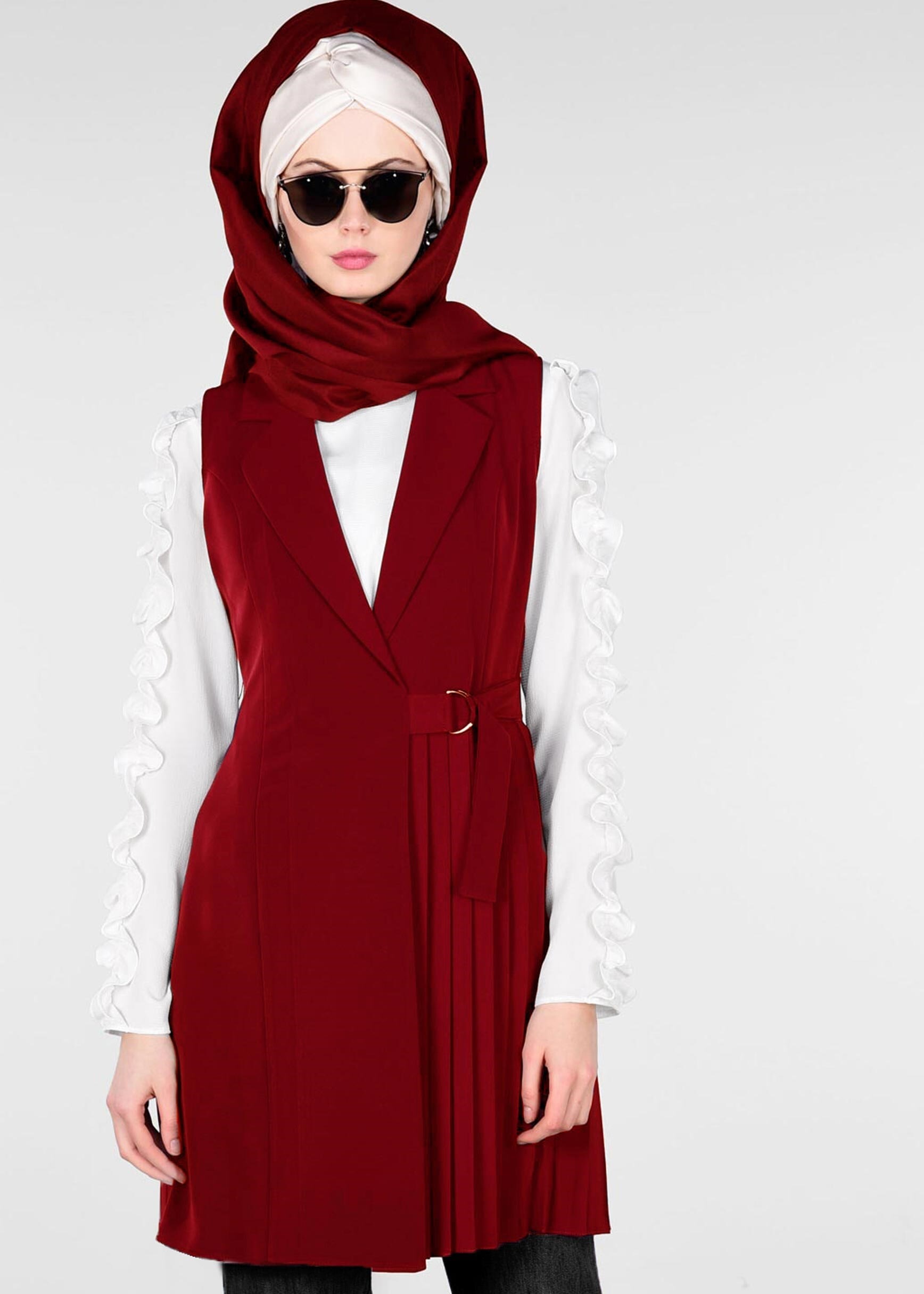 Tesettür giyim BORDO BELDEN BAĞLAMALI PİLELİ YELEK 4024