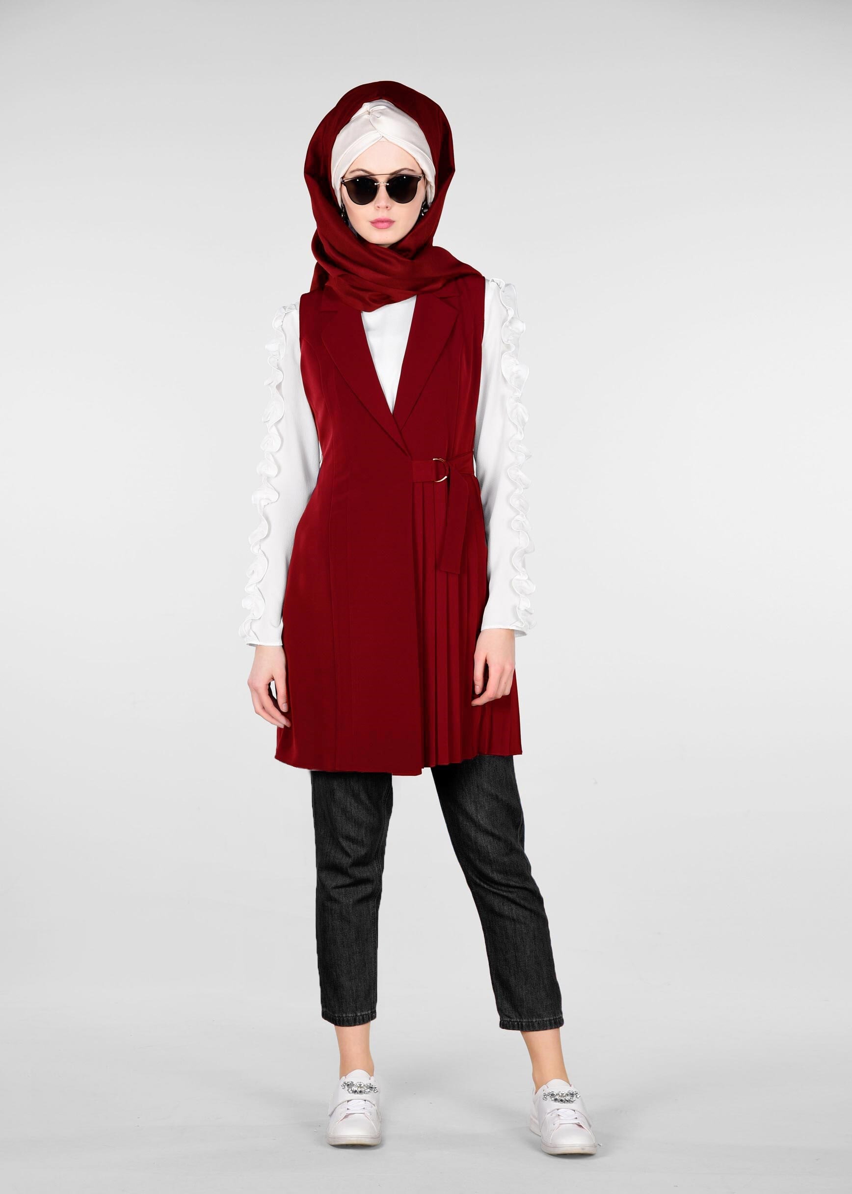 Tesettür giyim BORDO BELDEN BAĞLAMALI PİLELİ YELEK 4024