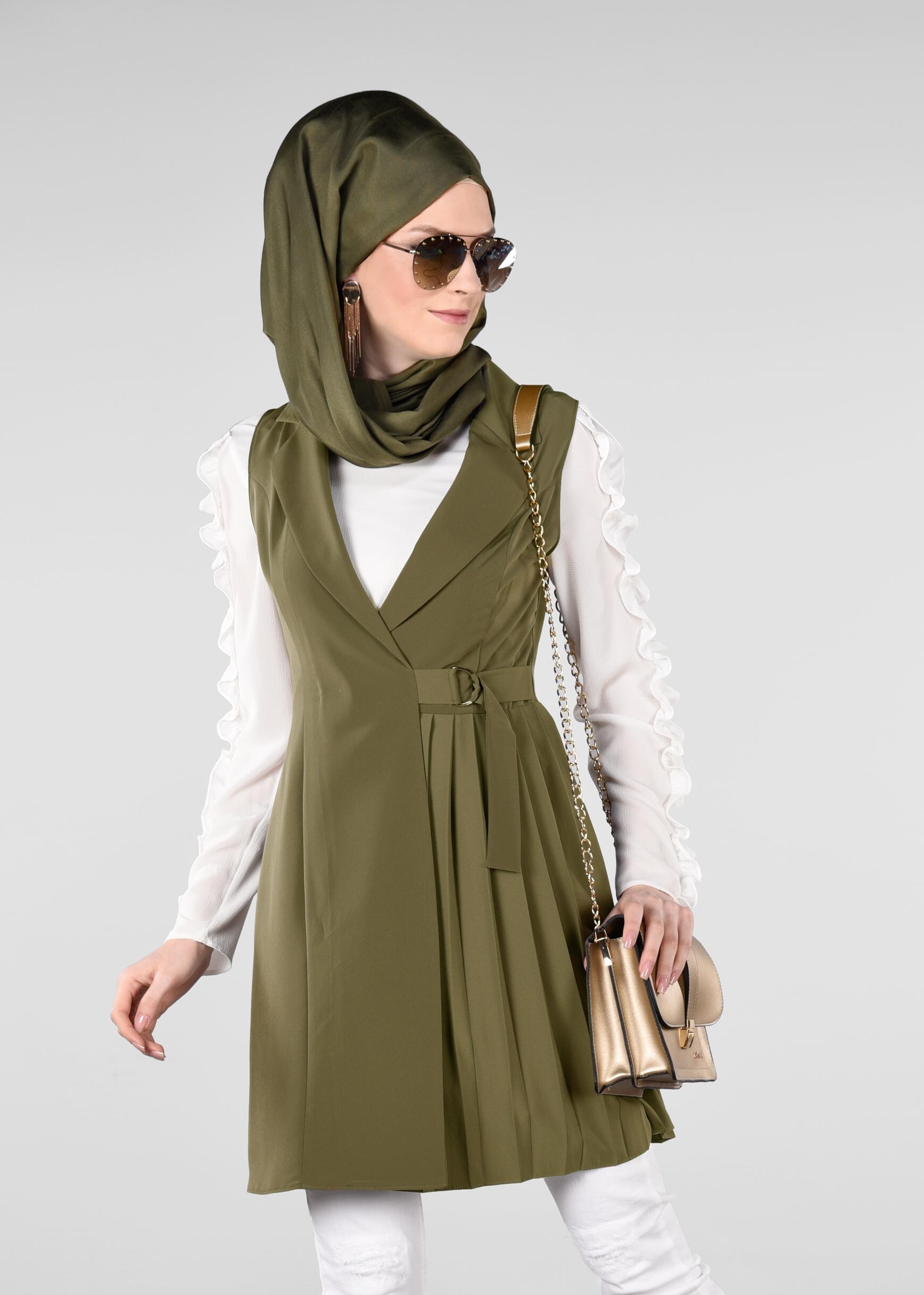 Tesettür giyim HAKİ BELDEN BAĞLAMALI PİLELİ YELEK 4024