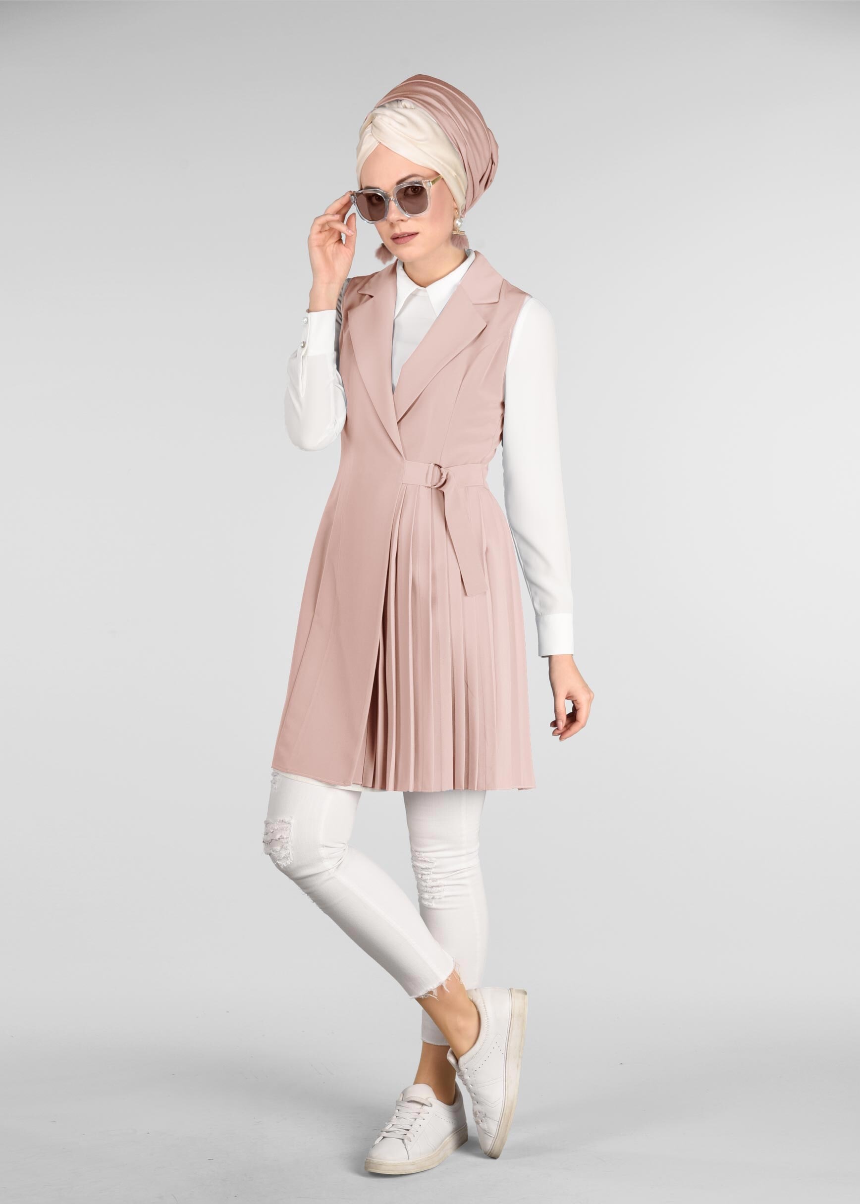 Tesettür giyim PUDRA BELDEN BAĞLAMALI PİLELİ YELEK 4024