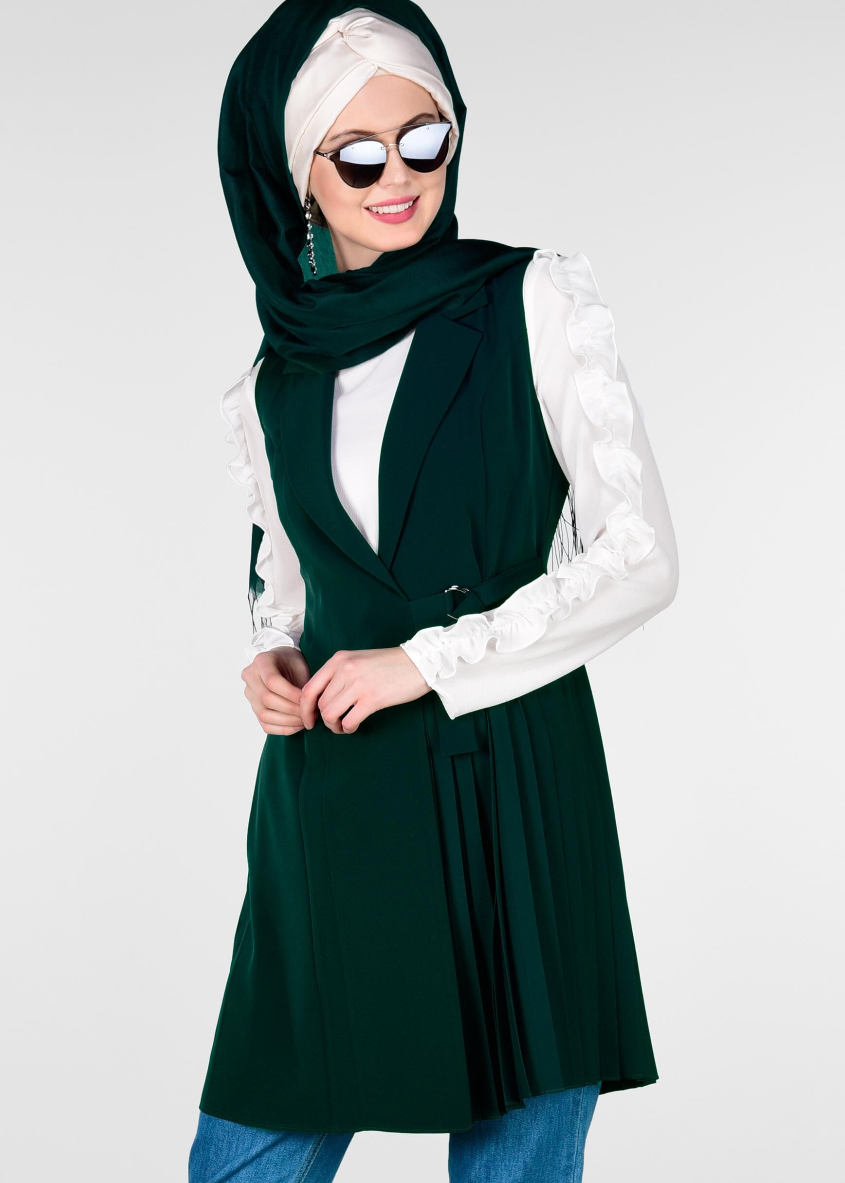 Tesettür giyim YEŞİL BELDEN BAĞLAMALI PİLELİ YELEK 4024