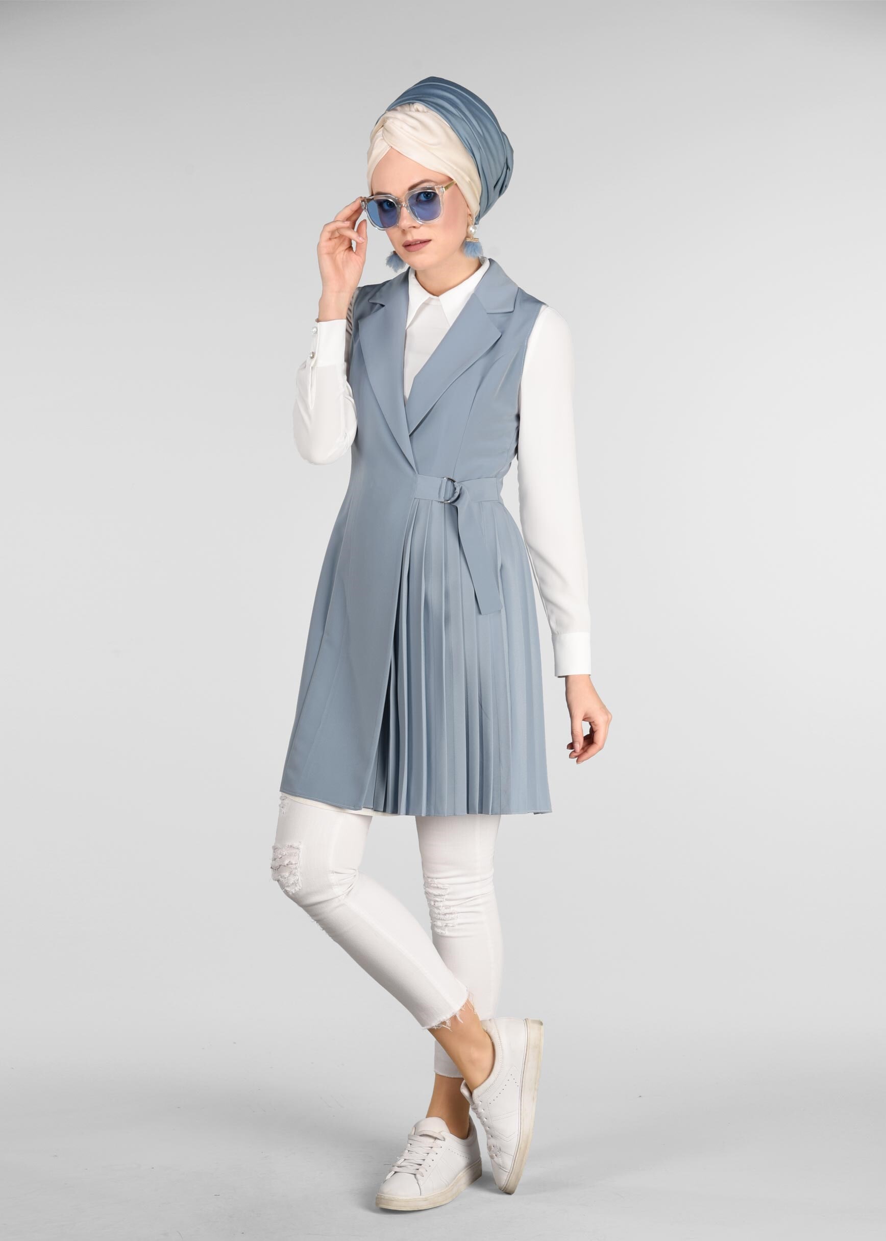 Tesettür giyim YEŞİL BELDEN BAĞLAMALI PİLELİ YELEK 4024