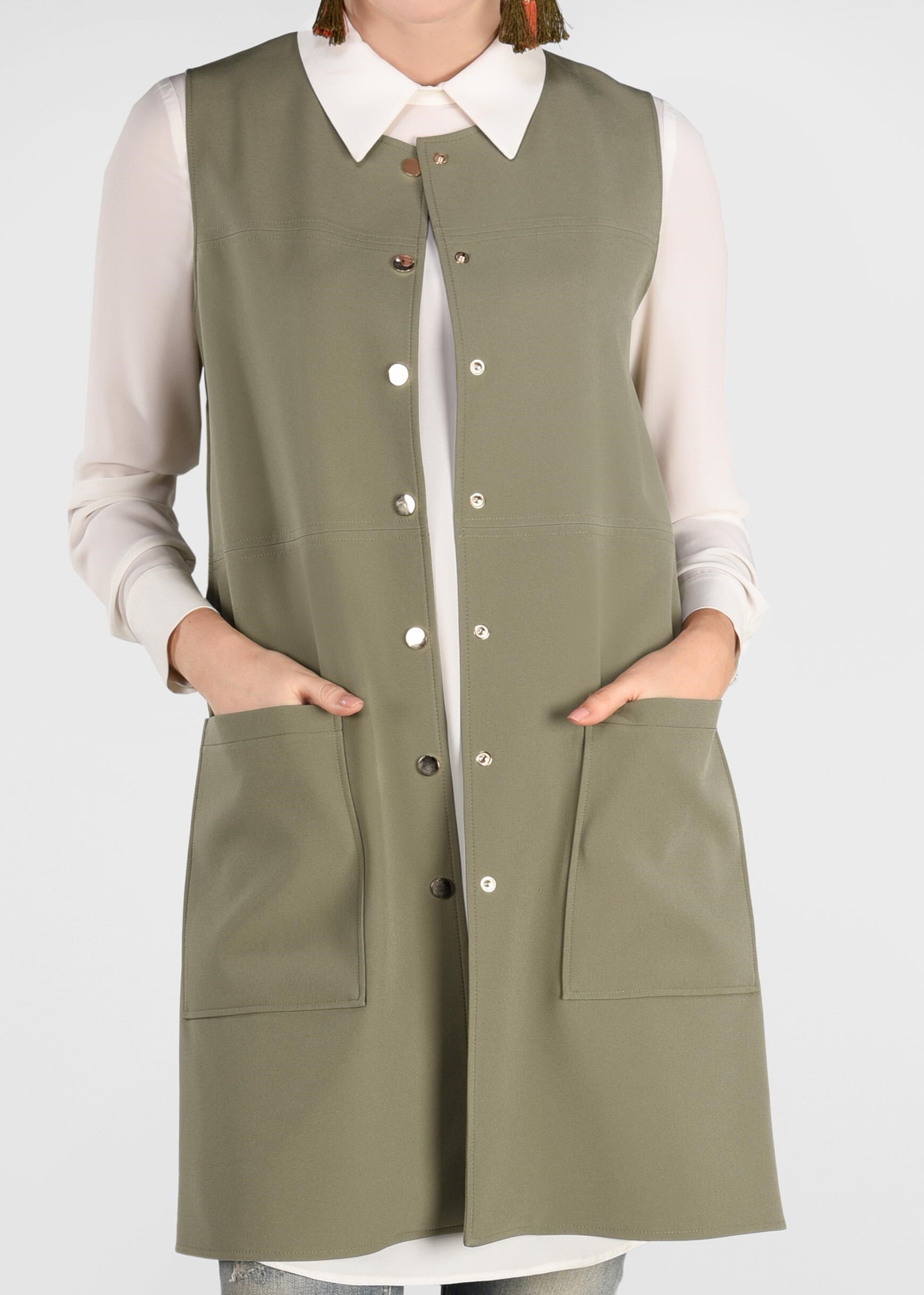 Tesettür giyim HAKİ YUVARLAK YAKA ÇITÇITLI YELEK 4026