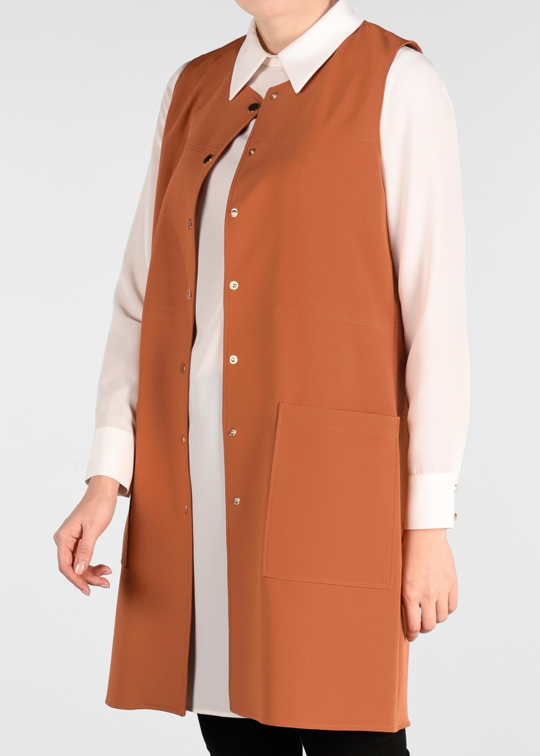 Tesettür giyim TURUNCU YUVARLAK YAKA ÇITÇITLI YELEK 4026