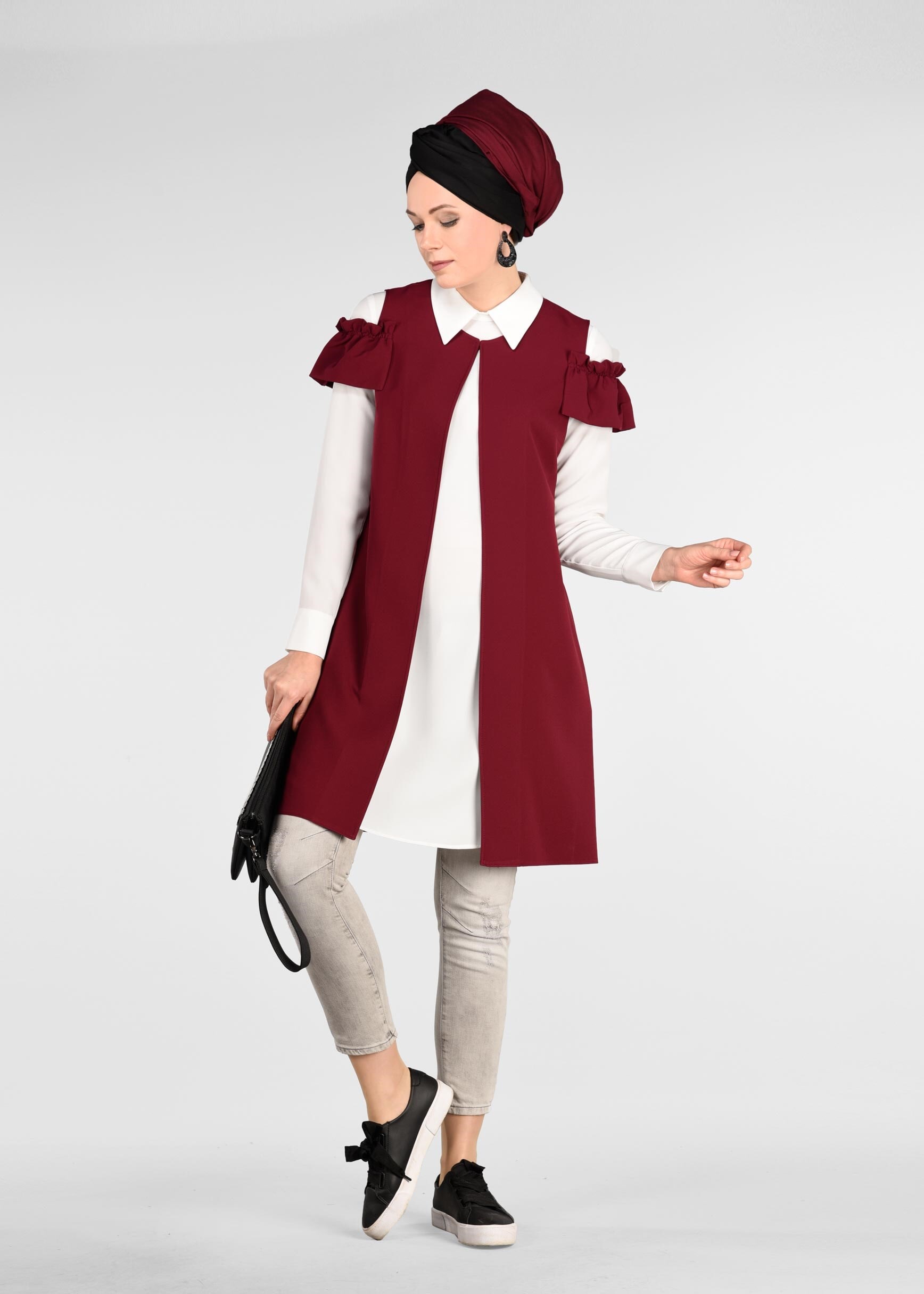 Tesettür giyim BORDO OMUZLARI DETAYLI YELEK 4031