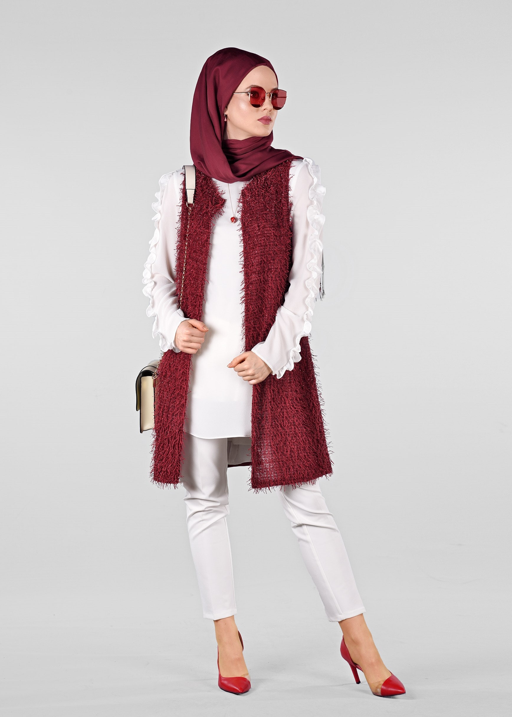 Tesettür giyim KIRMIZI SAÇAKLI YELEK 4068