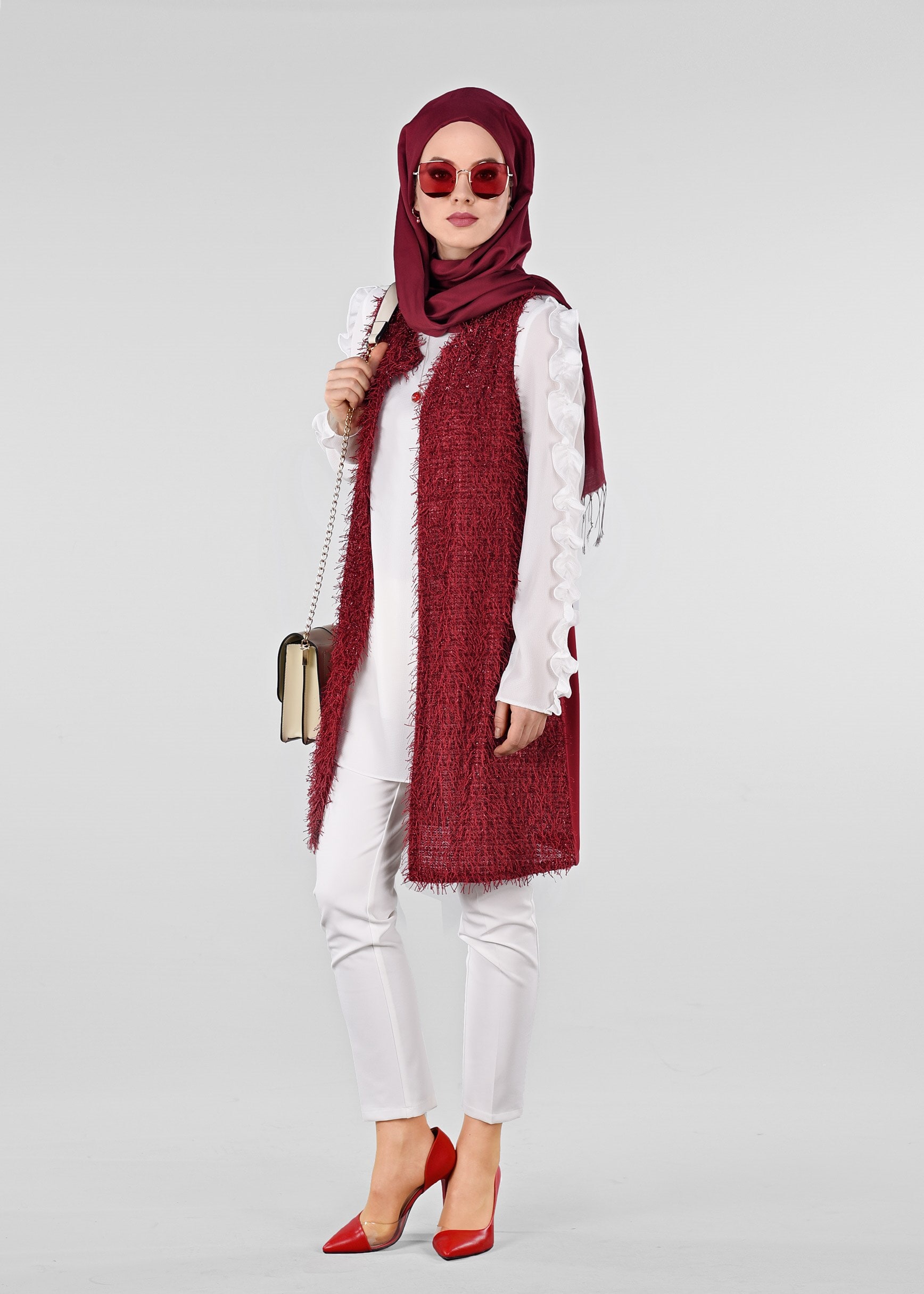 Tesettür giyim KIRMIZI SAÇAKLI YELEK 4068