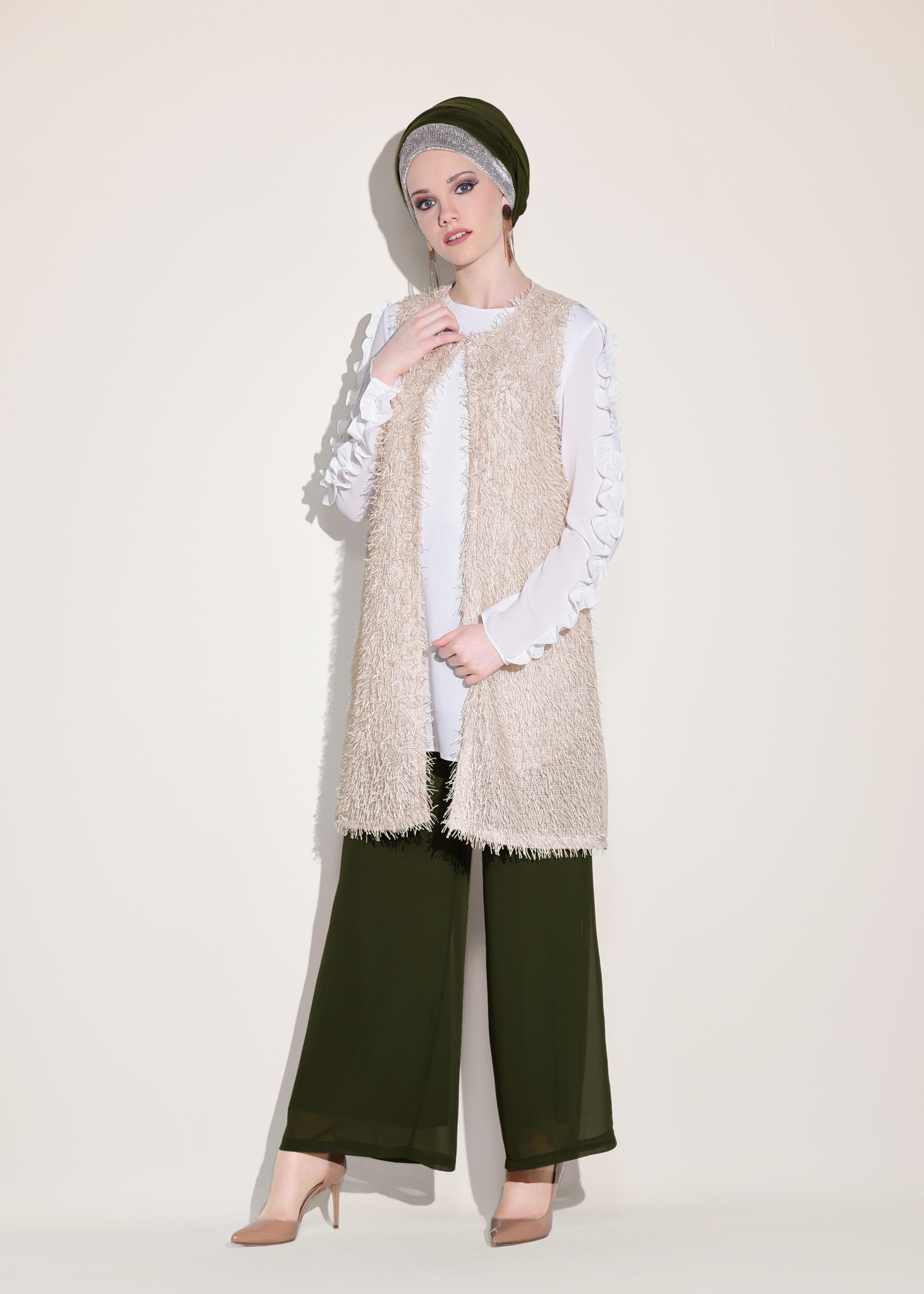 Tesettür giyim PUDRA SAÇAKLI YELEK 4068