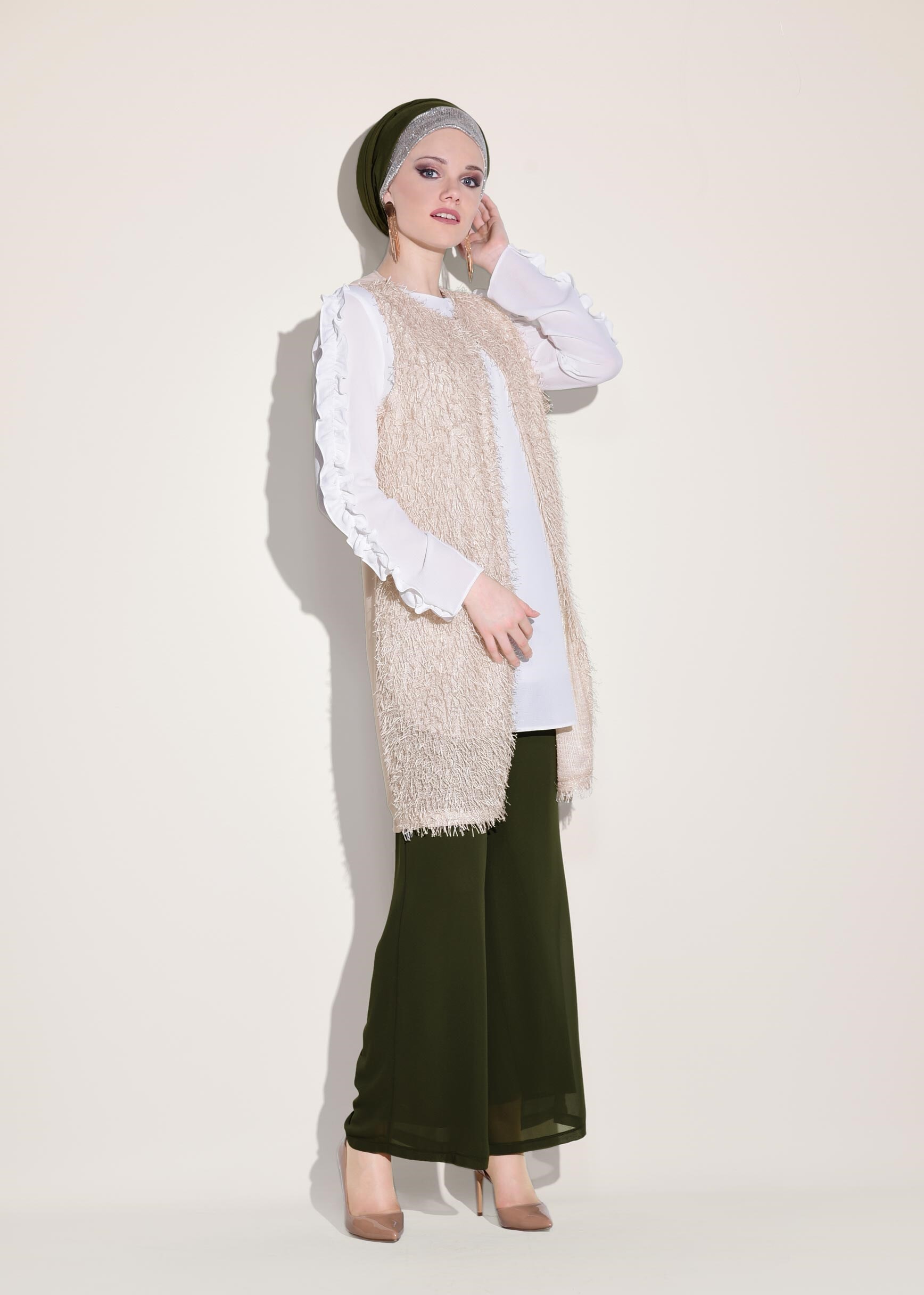 Tesettür giyim PUDRA SAÇAKLI YELEK 4068