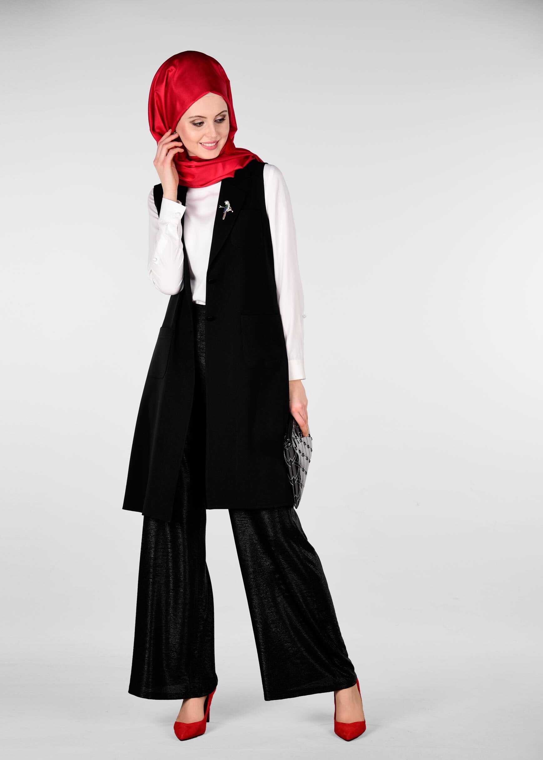 Tesettür giyim SİYAH KRUVAZE YAKA YELEK 4977