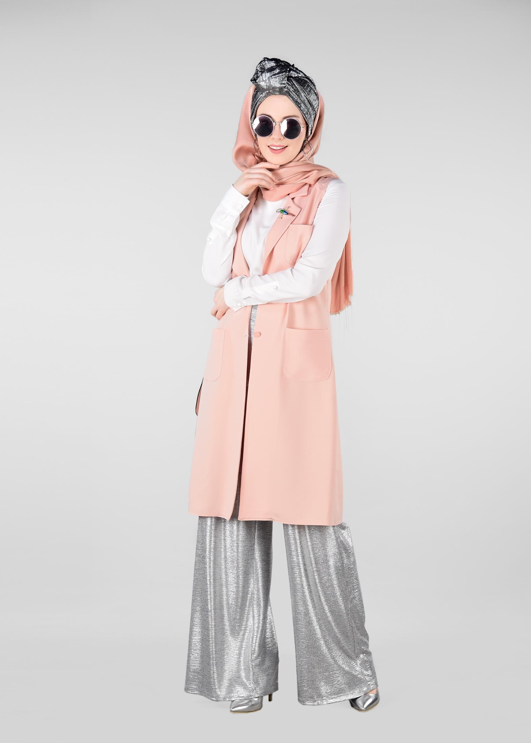 Tesettür giyim PUDRA KRUVAZE YAKA YELEK 4977