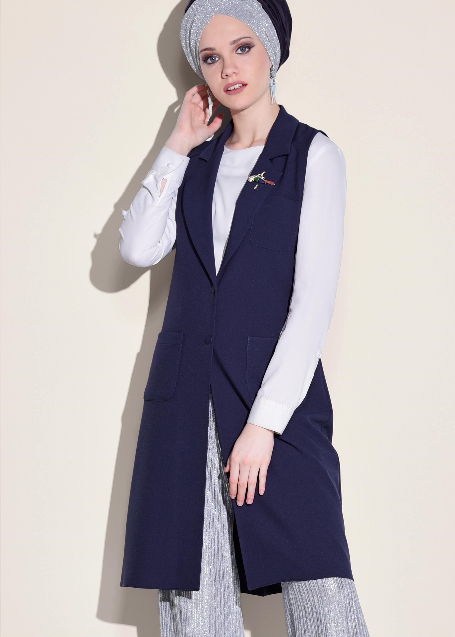 Tesettür giyim LACİVERT KRUVAZE YAKA YELEK 4977