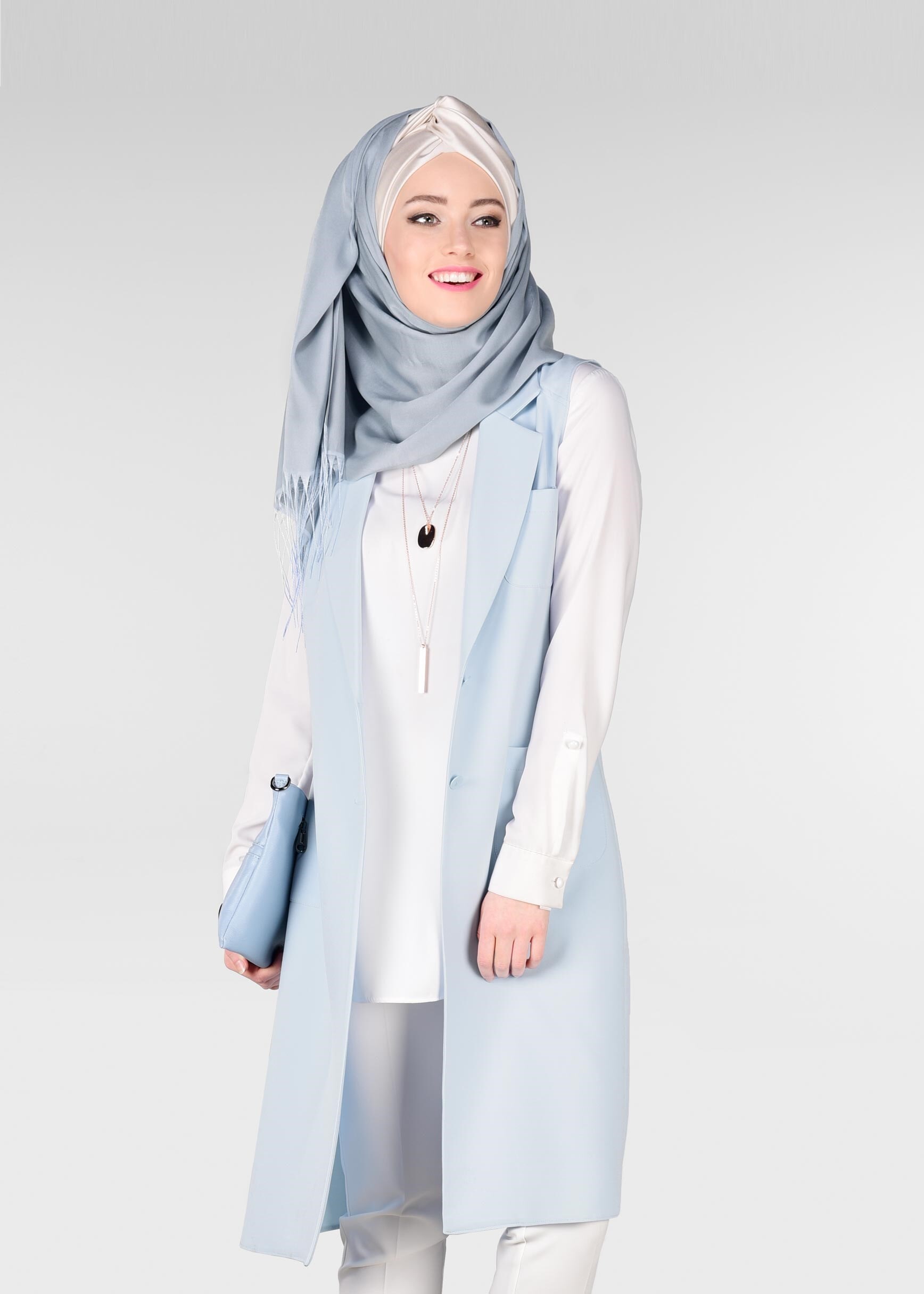 Tesettür giyim MAVİ KRUVAZE YAKA YELEK 4977