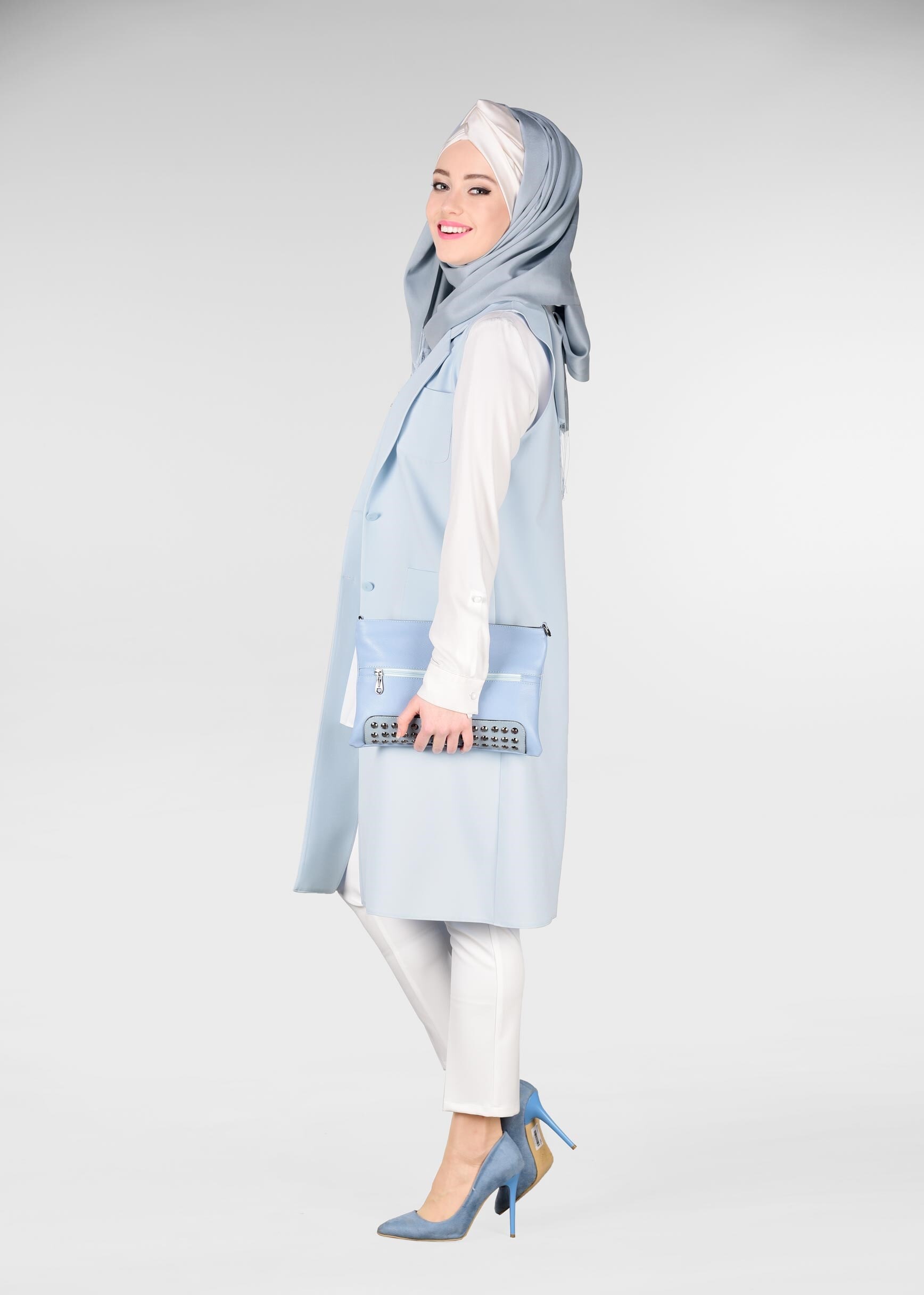 Tesettür giyim MAVİ KRUVAZE YAKA YELEK 4977