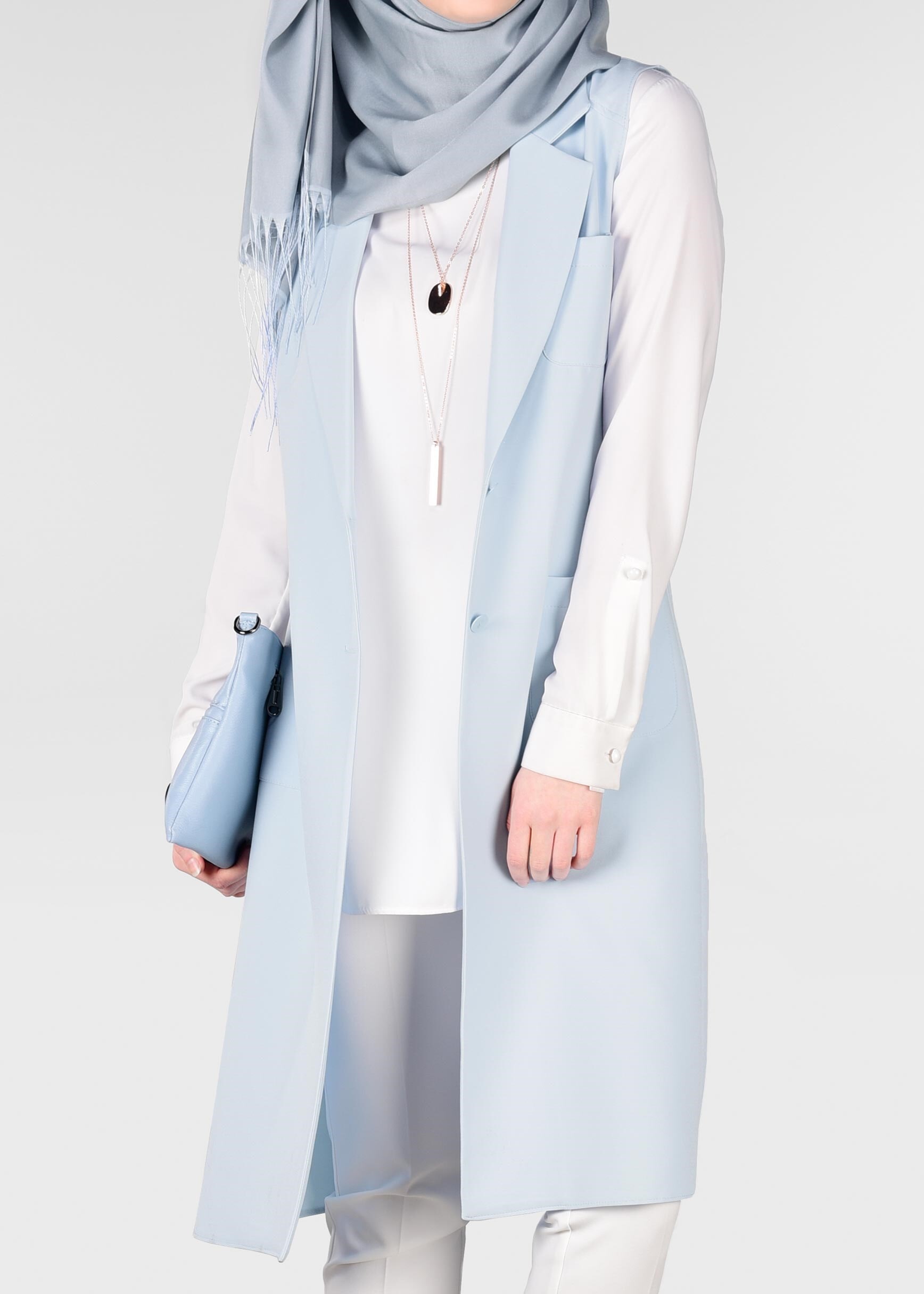 Tesettür giyim MAVİ KRUVAZE YAKA YELEK 4977