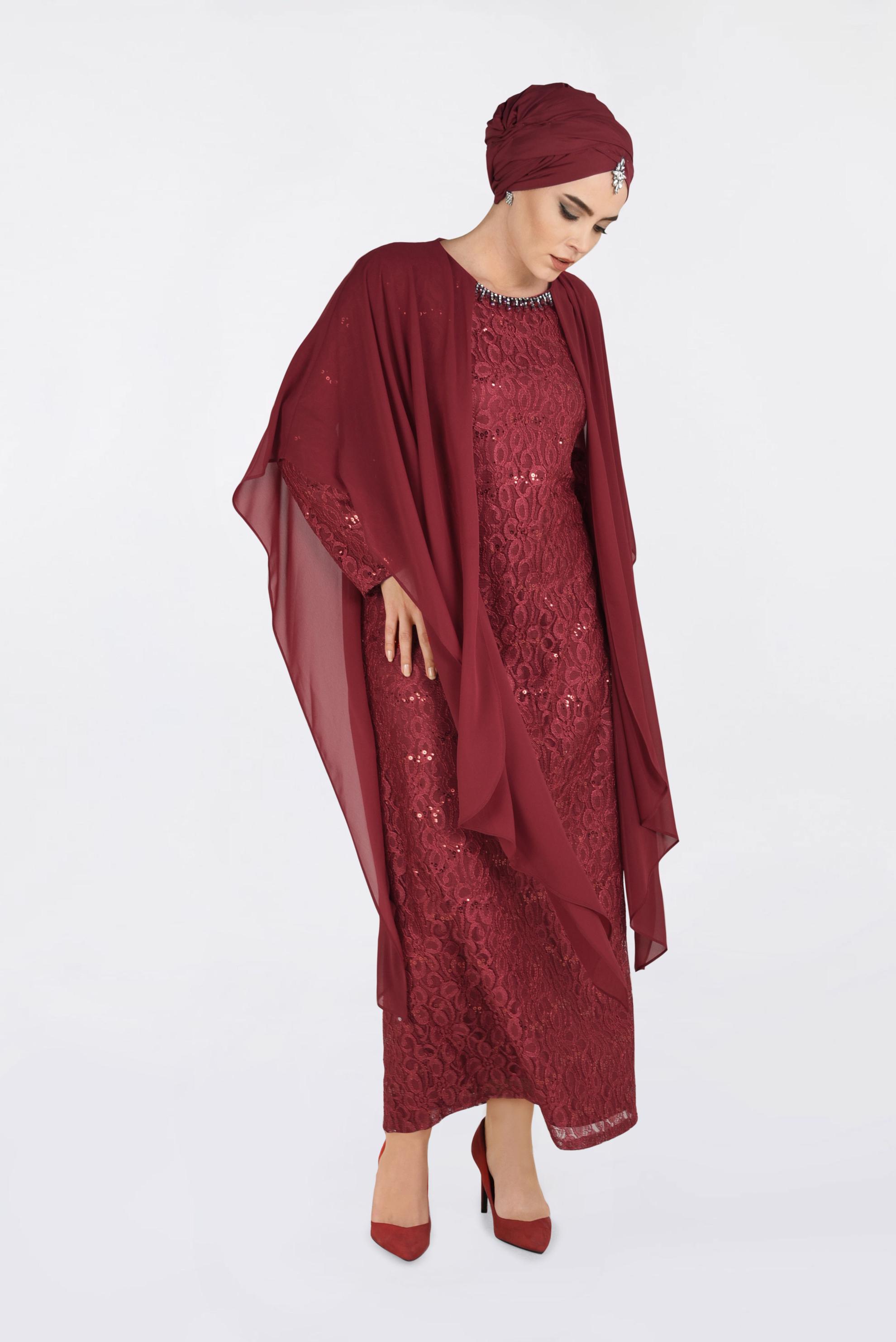 Hijab clothing CLARET RED Lace Dress 2793 