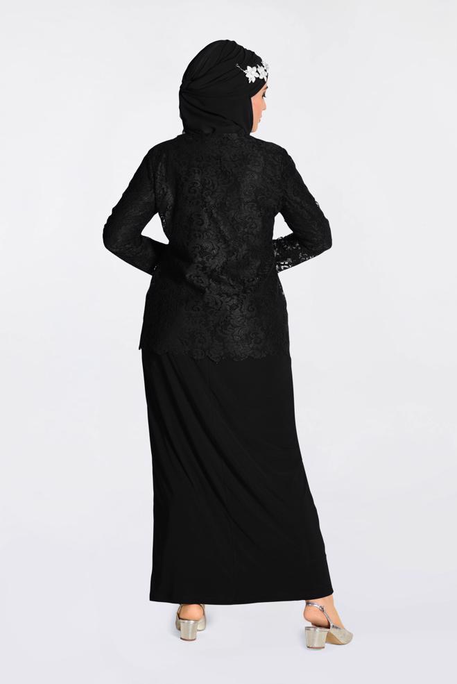 Hijab-Kleidung SCHWARZ DANTEL VE BONCUK İŞLEMELİ 2&prime;Lİ ELBİSE 2816 - ALVİNA