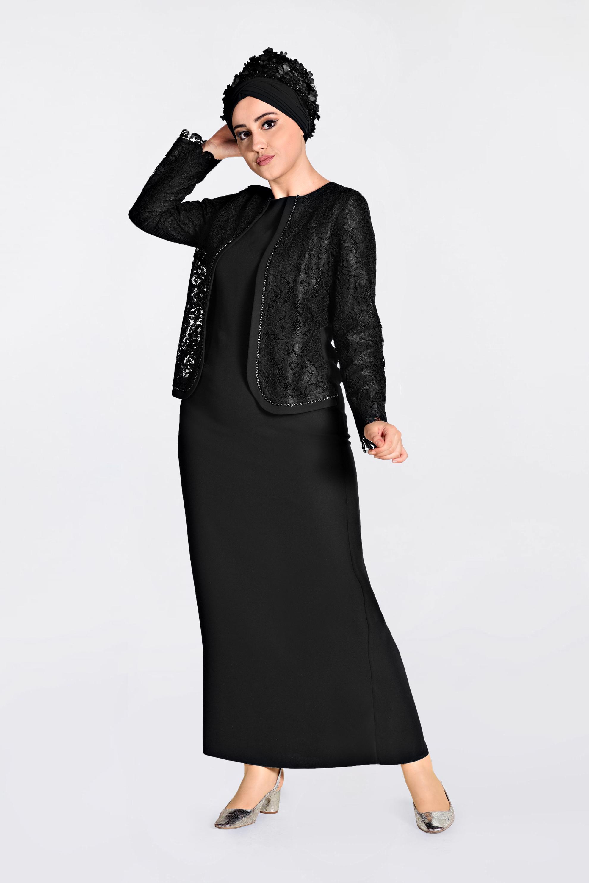 Hijab clothing BLACK Lace Embroidered Dress 2818 
