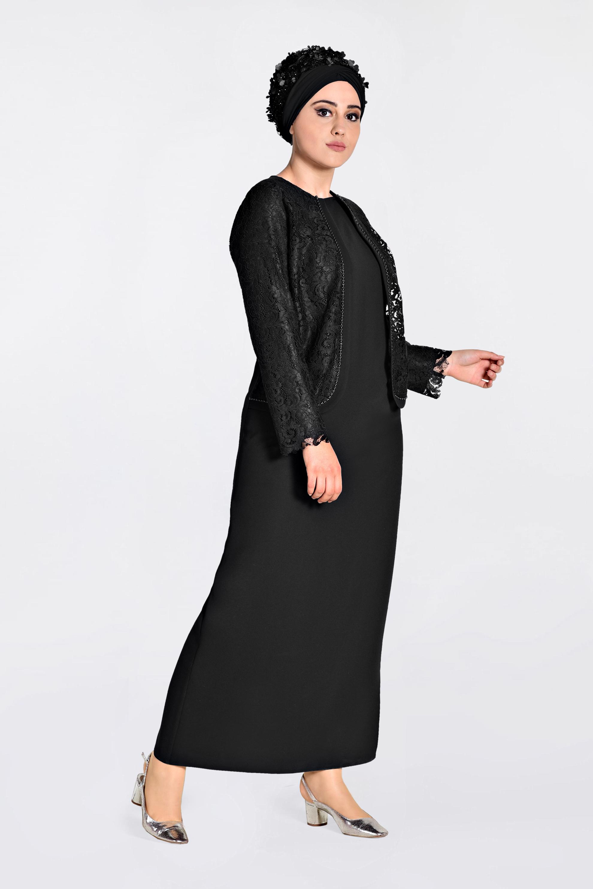 Hijab clothing BLACK Lace Embroidered Dress 2818 