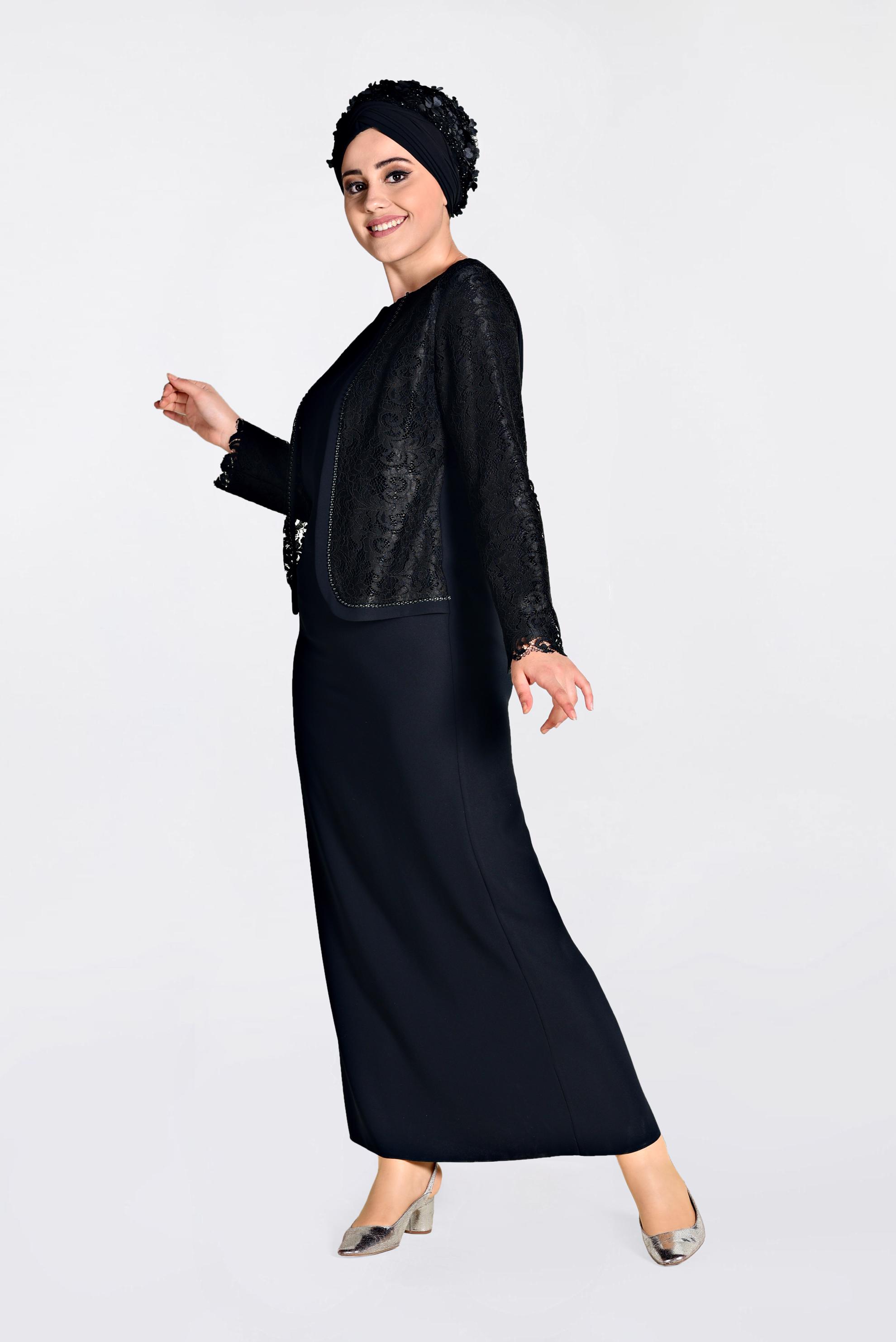 Tesettür giyim LACİVERT  DANTEL VE BONCUK İŞLEMELİ ELBİSE 2818 