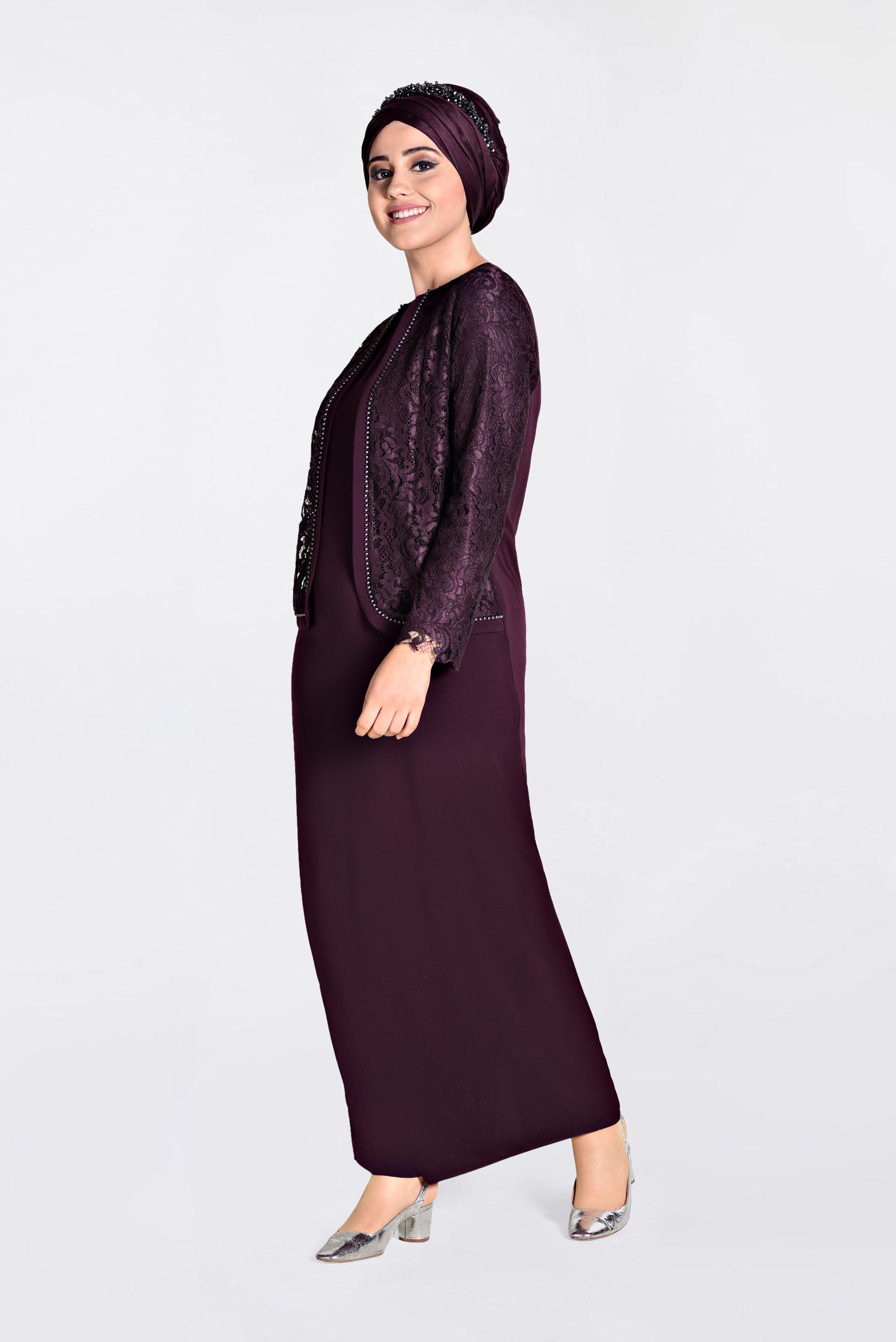 Tesettür giyim MÜRDÜM  DANTEL VE BONCUK İŞLEMELİ ELBİSE 2818 