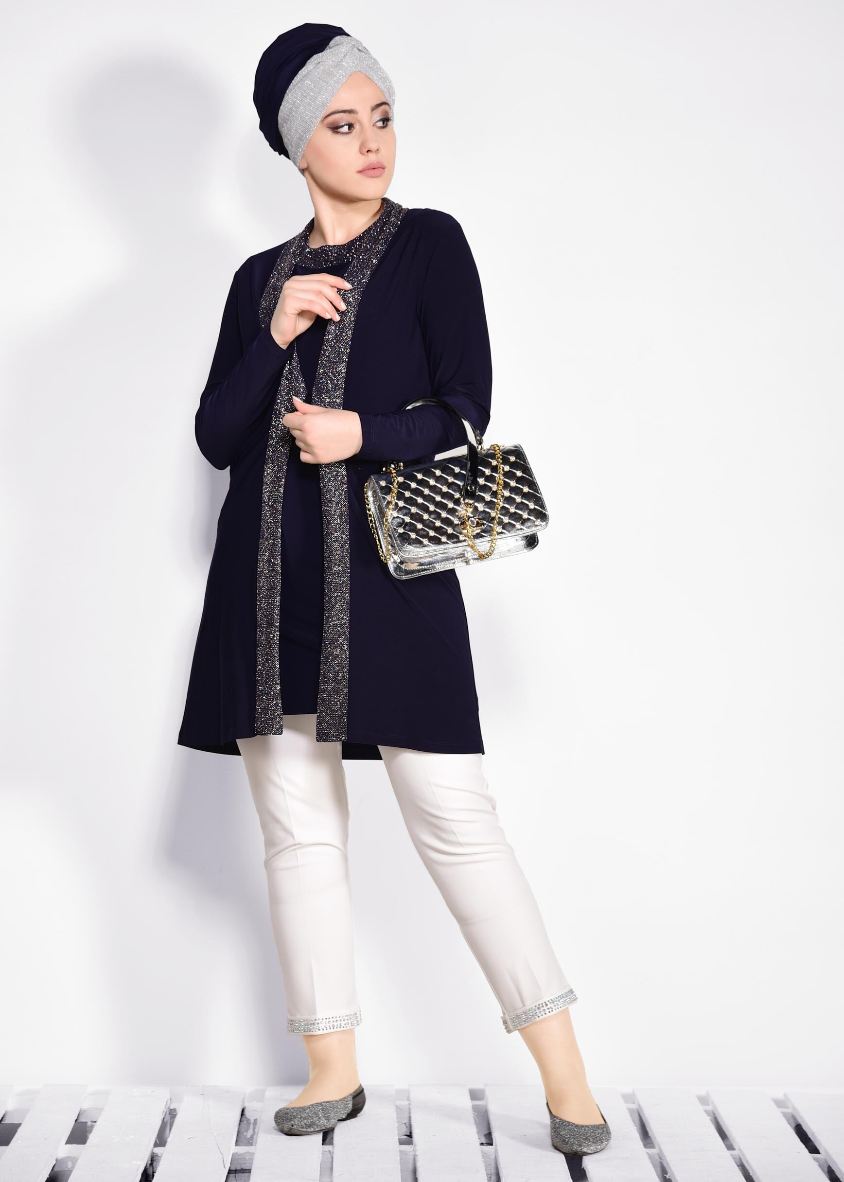 Tesettür giyim LACİVERT SİM İŞLEMELİ 2&prime;Lİ TUNİK 2809