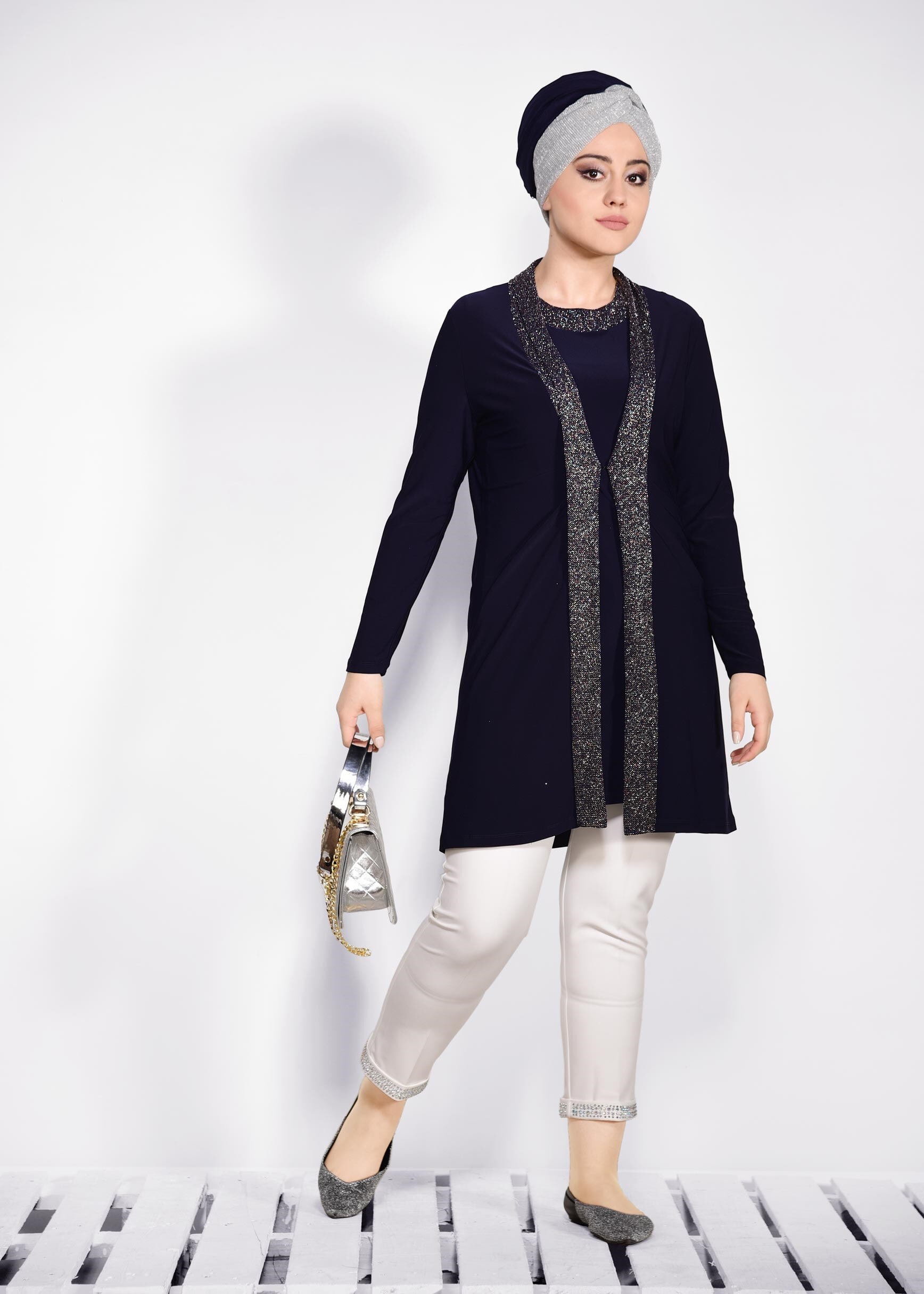 Tesettür giyim LACİVERT SİM İŞLEMELİ 2&prime;Lİ TUNİK 2809