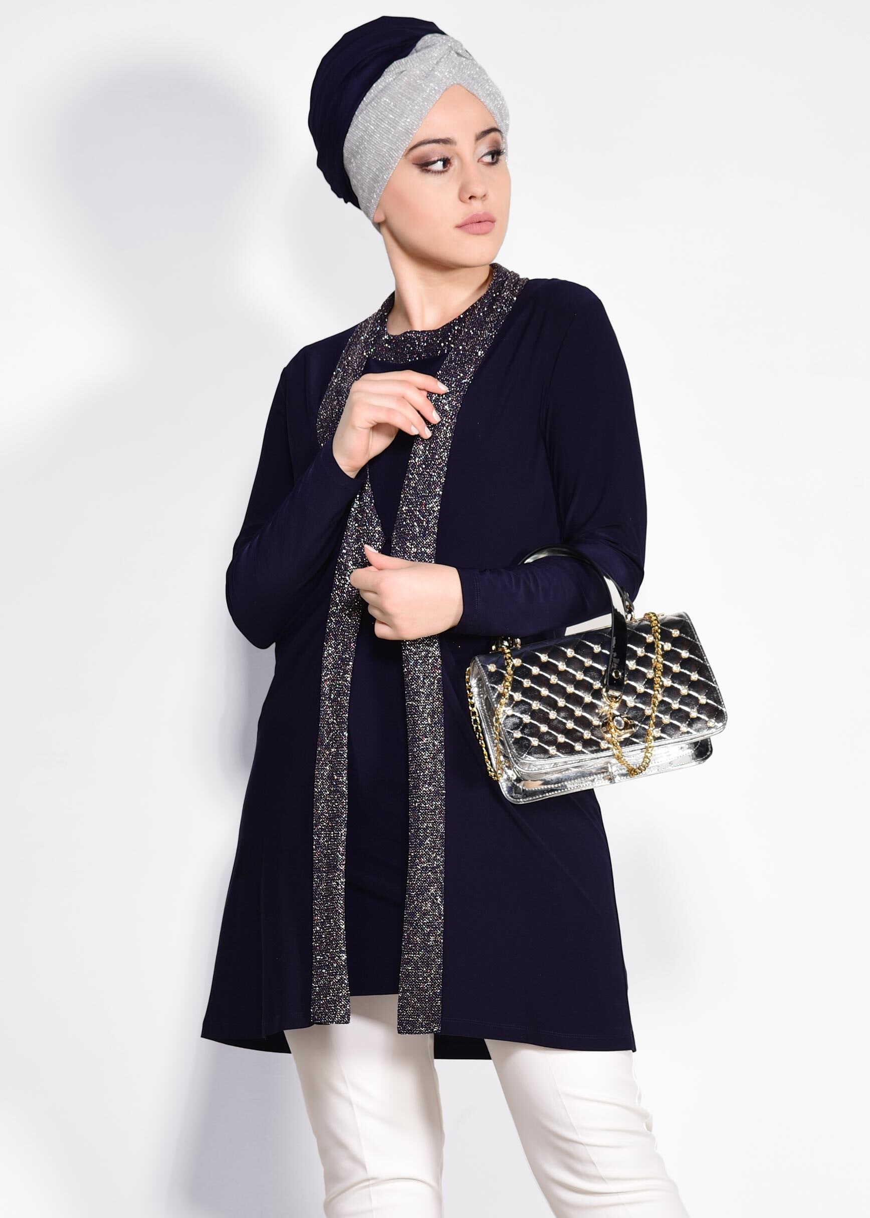 Tesettür giyim LACİVERT SİM İŞLEMELİ 2&prime;Lİ TUNİK 2809