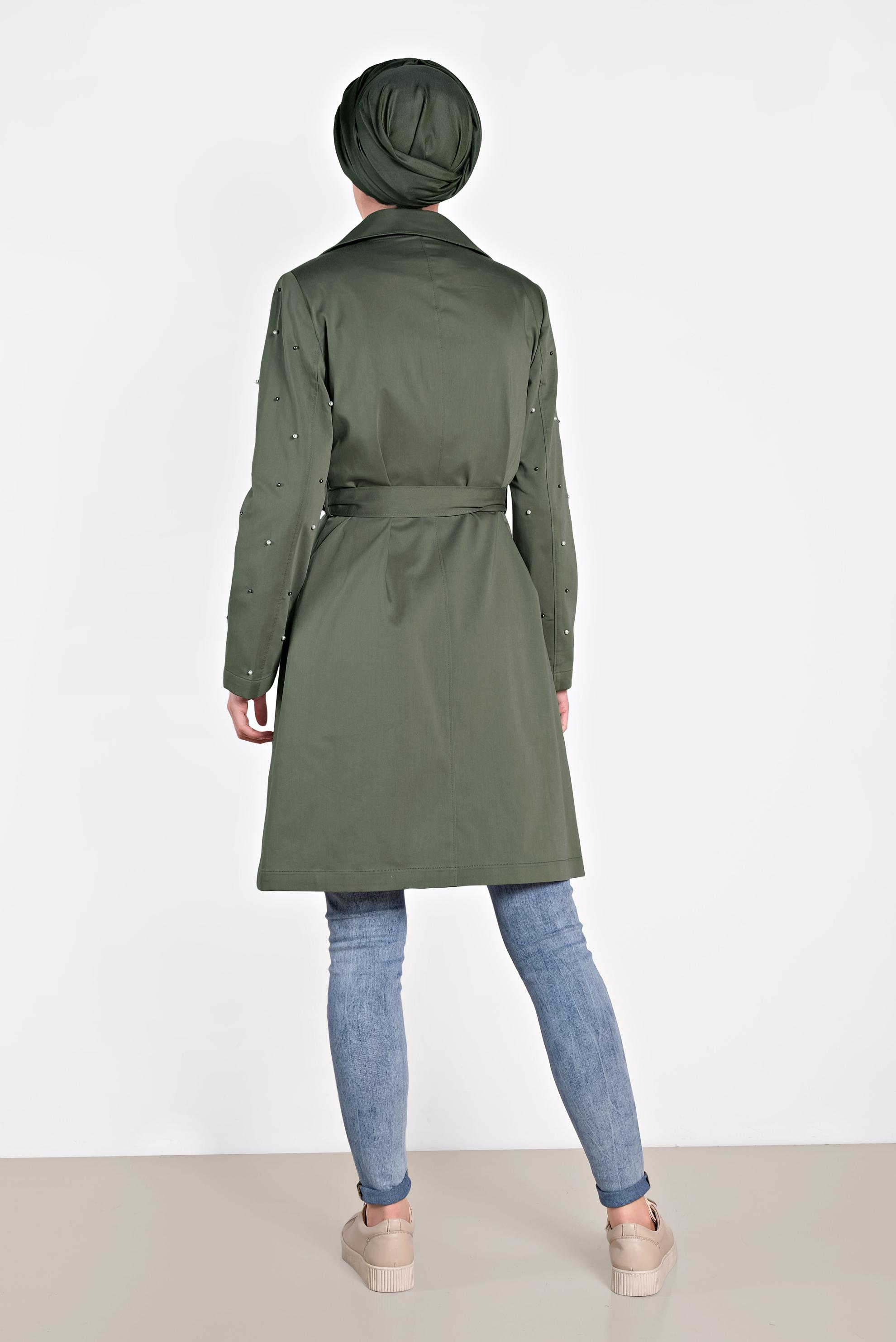 Tesettür giyim HAKİ İNCİ İŞLEMELİ TRENÇKOT 1240