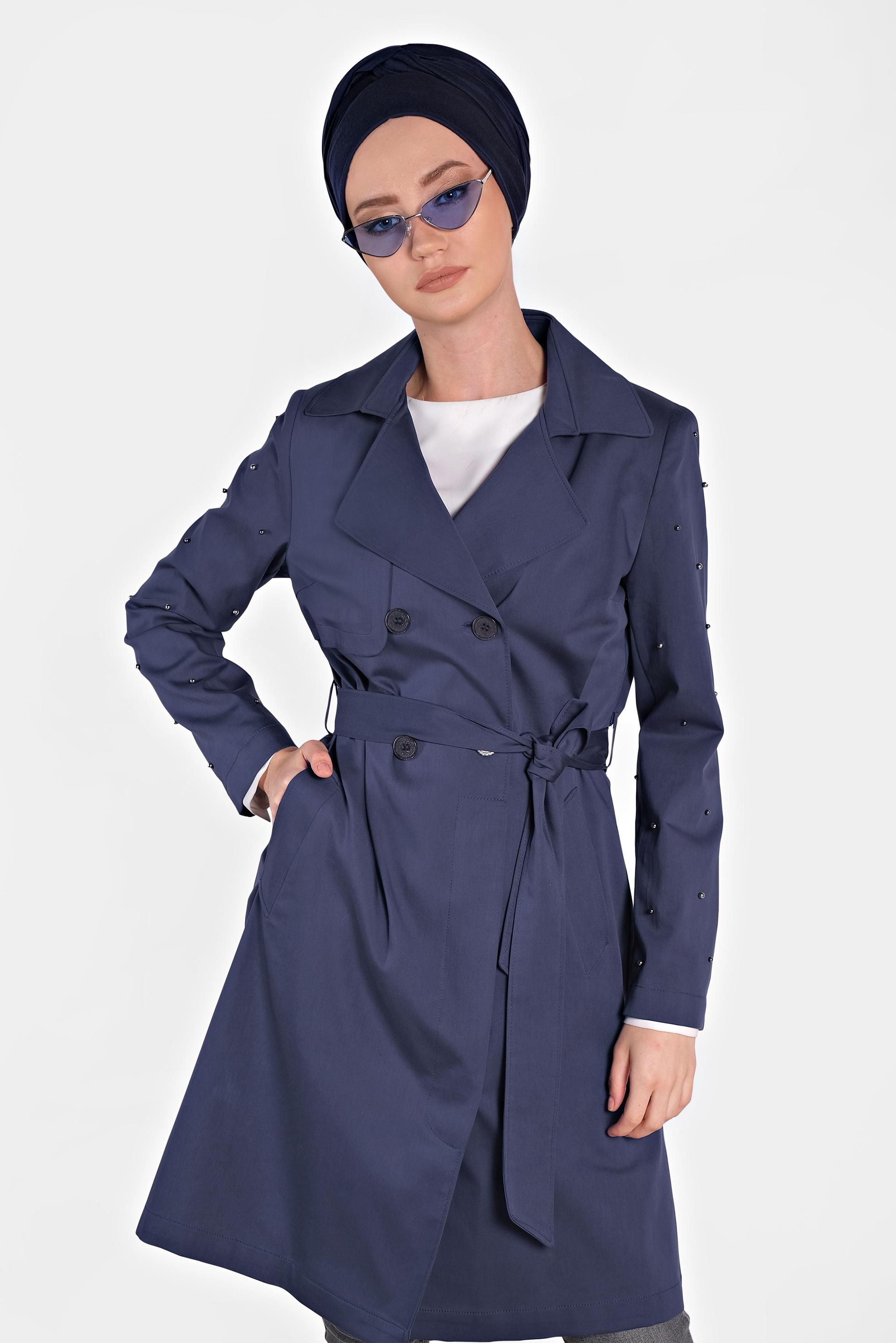 Tesettür giyim LACİVERT İNCİ İŞLEMELİ TRENÇKOT 1240